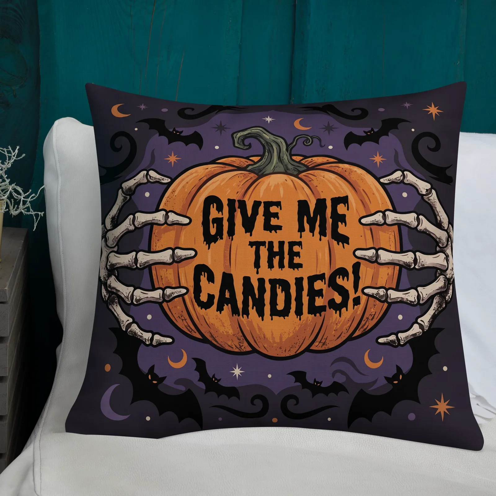 Halloween Hands of Skeleton Throw Pillow: Trick or Treat Pumpkin Decor Cushion, photo 5