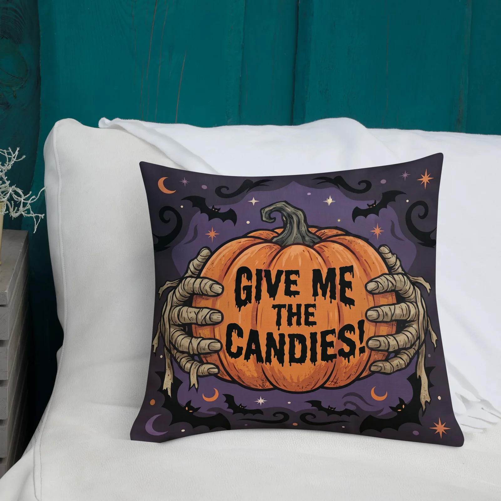 Halloween Pillow with Mummy's Hands: Trick or Treat Pumpkin decor Cushion, photo 2
