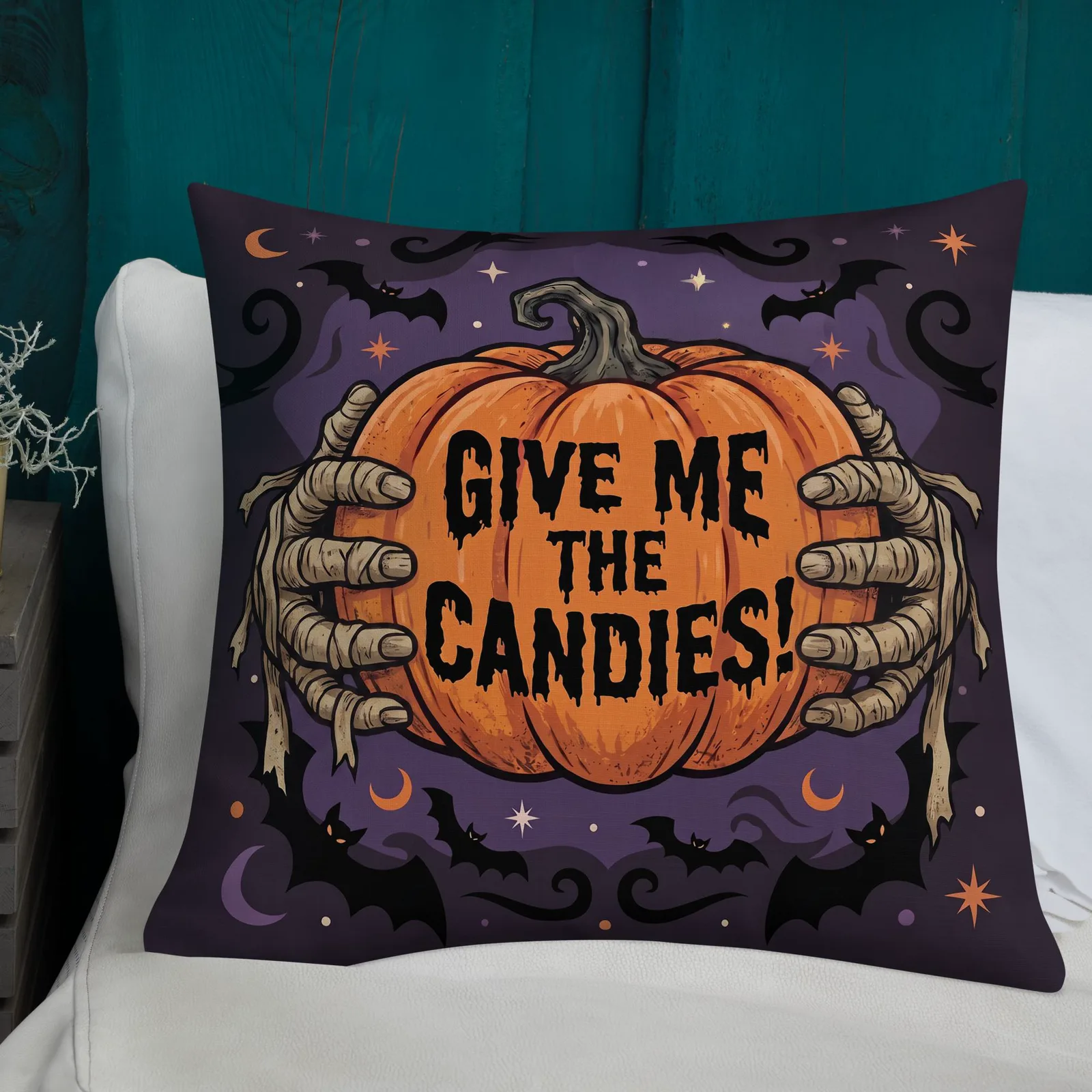 Halloween Pillow with Mummy's Hands: Trick or Treat Pumpkin decor Cushion, photo 3