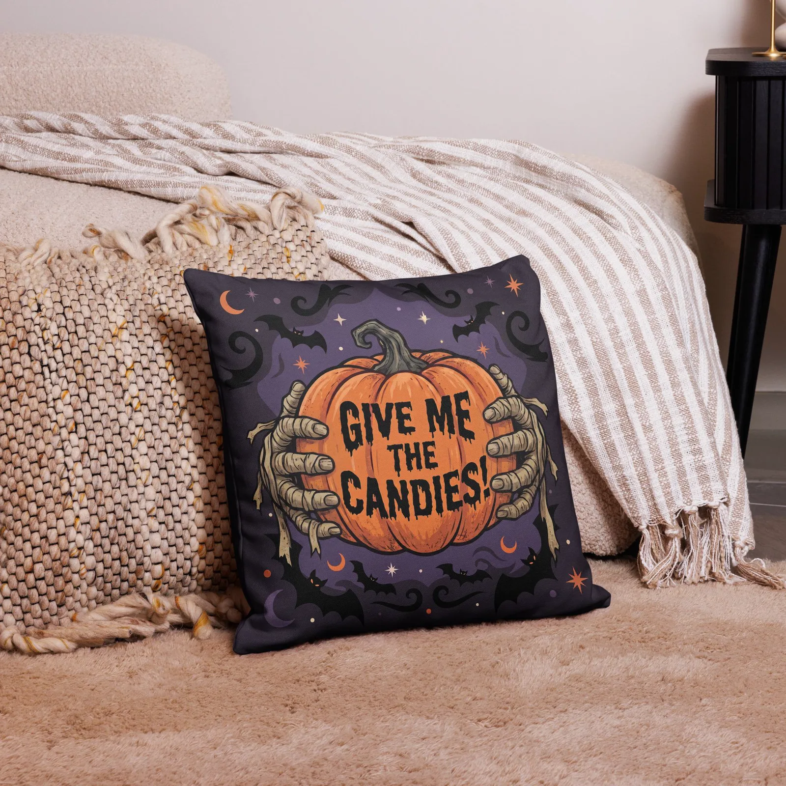 Halloween Pillow with Mummy's Hands: Trick or Treat Pumpkin decor Cushion, photo 8