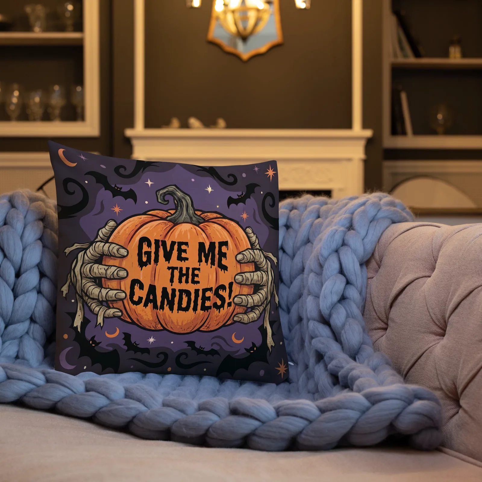 Halloween Pillow with Mummy's Hands: Trick or Treat Pumpkin decor Cushion, photo 6