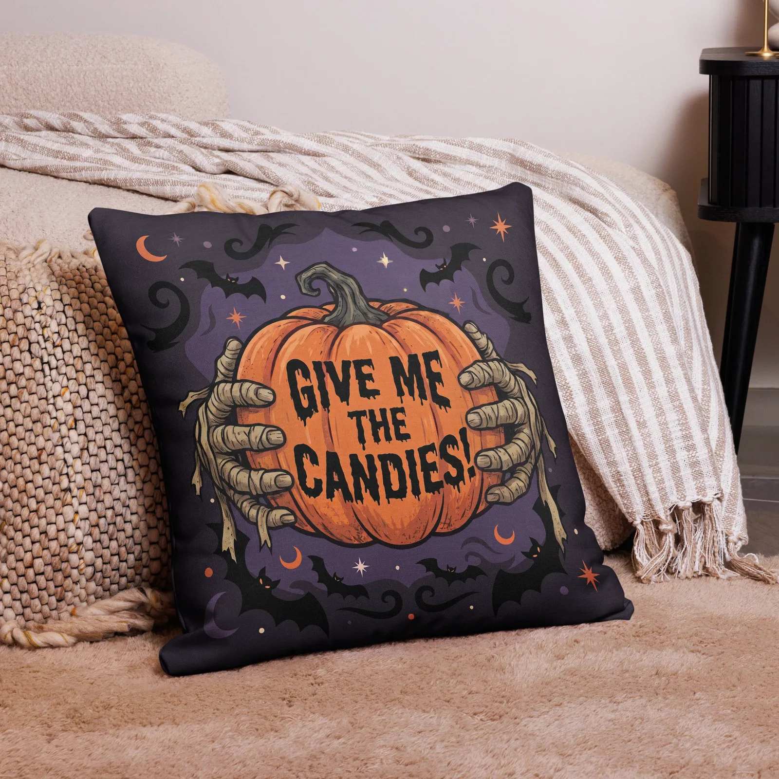 Halloween Pillow with Mummy's Hands: Trick or Treat Pumpkin decor Cushion, photo 9