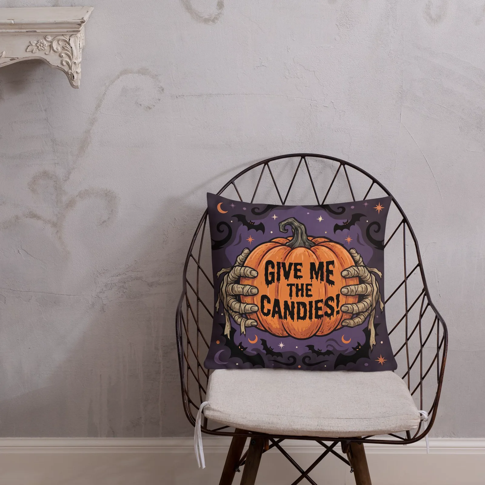 Halloween Pillow with Mummy's Hands: Trick or Treat Pumpkin decor Cushion, photo 4