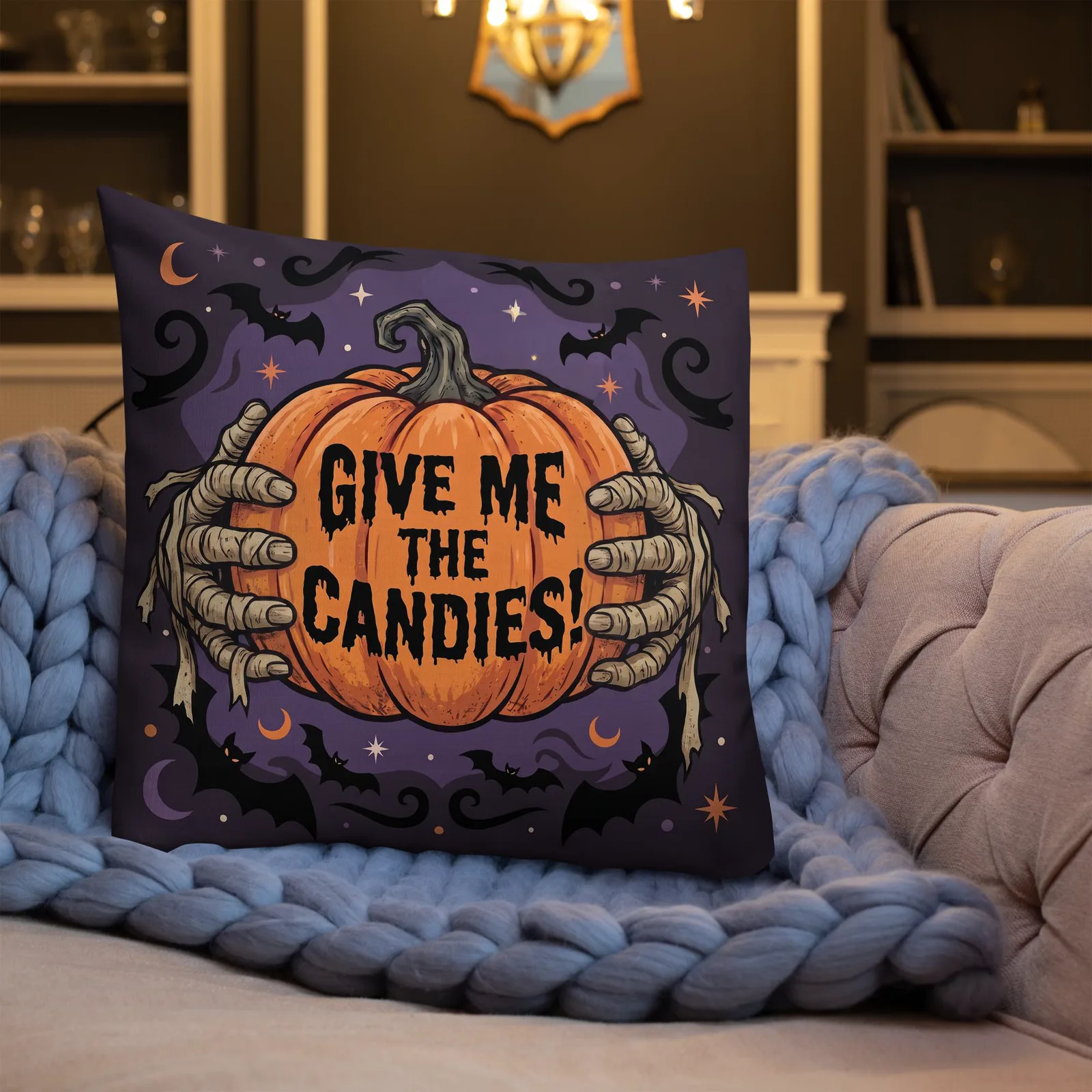 Halloween Pillow with Mummy's Hands: Trick or Treat Pumpkin decor Cushion, photo 7