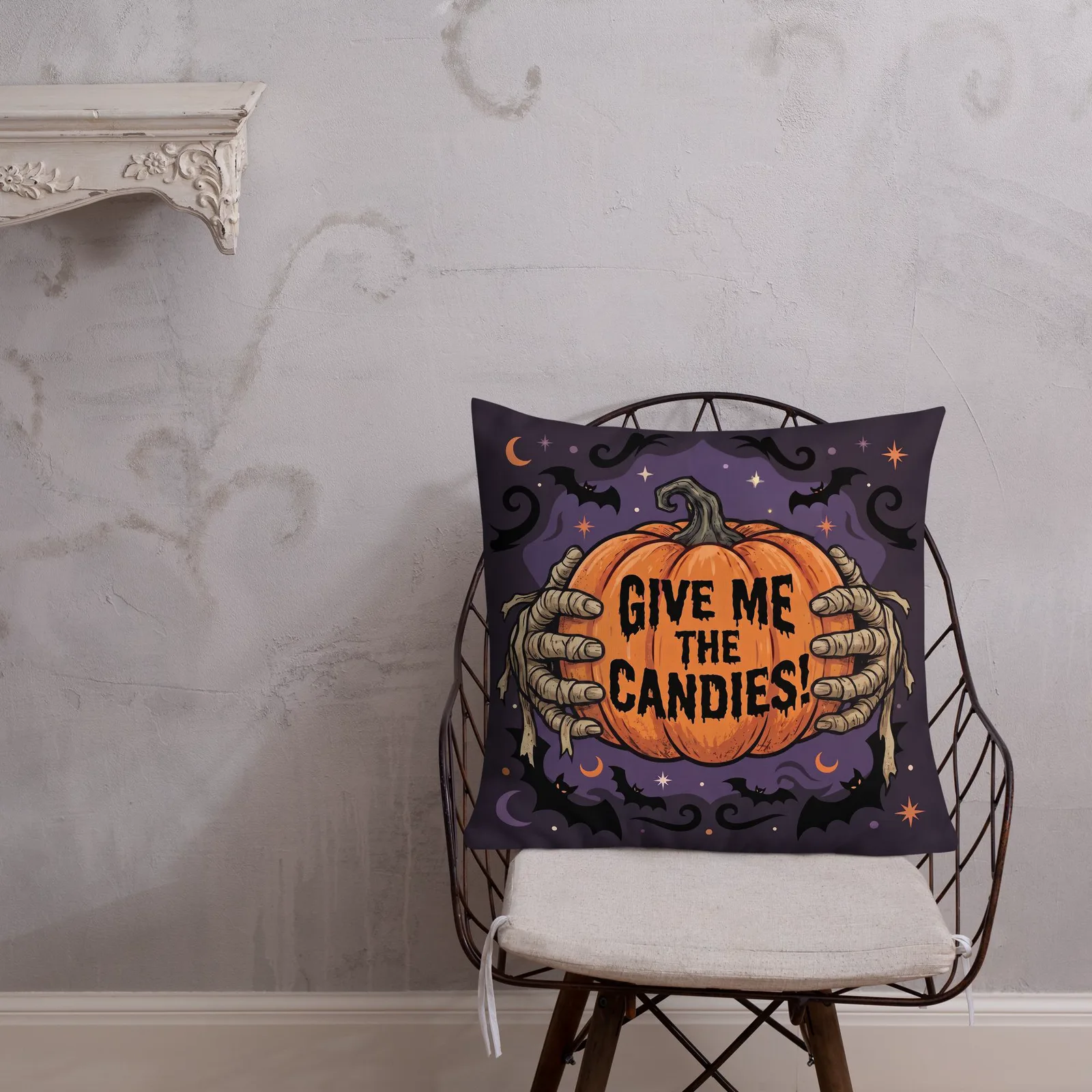 Halloween Pillow with Mummy's Hands: Trick or Treat Pumpkin decor Cushion, photo 5