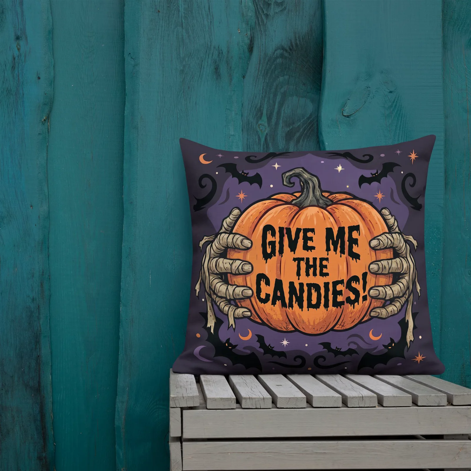 Halloween Pillow with Mummy's Hands: Trick or Treat Pumpkin decor Cushion, photo 10