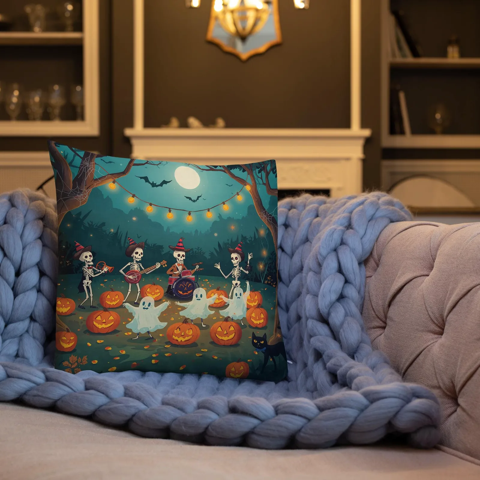 Halloween Throw Pillow: Spooky Skeleton Band & Ghosts Decor, photo 8
