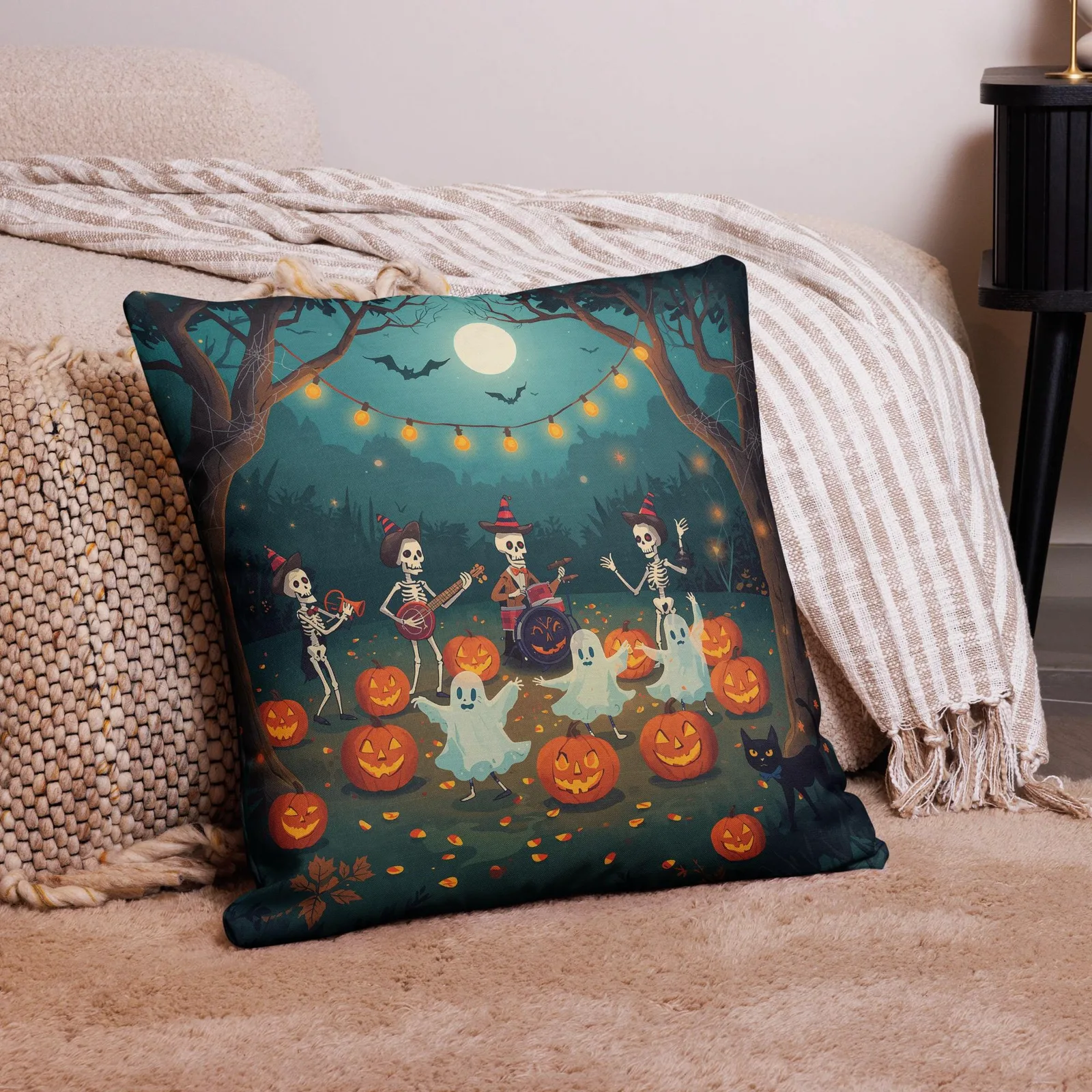 Halloween Throw Pillow: Spooky Skeleton Band & Ghosts Decor, photo 5
