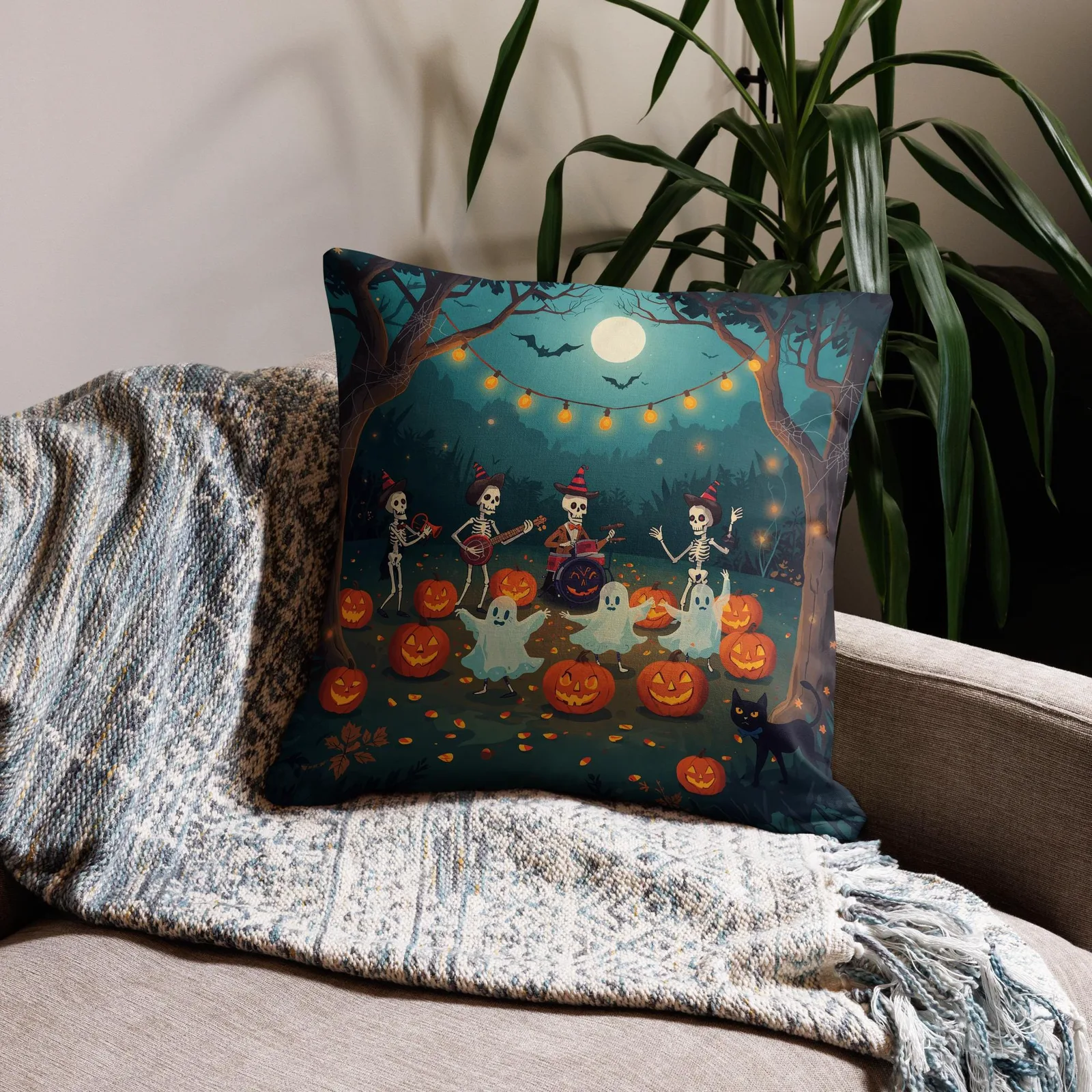 Halloween Throw Pillow: Spooky Skeleton Band & Ghosts Decor, photo 3
