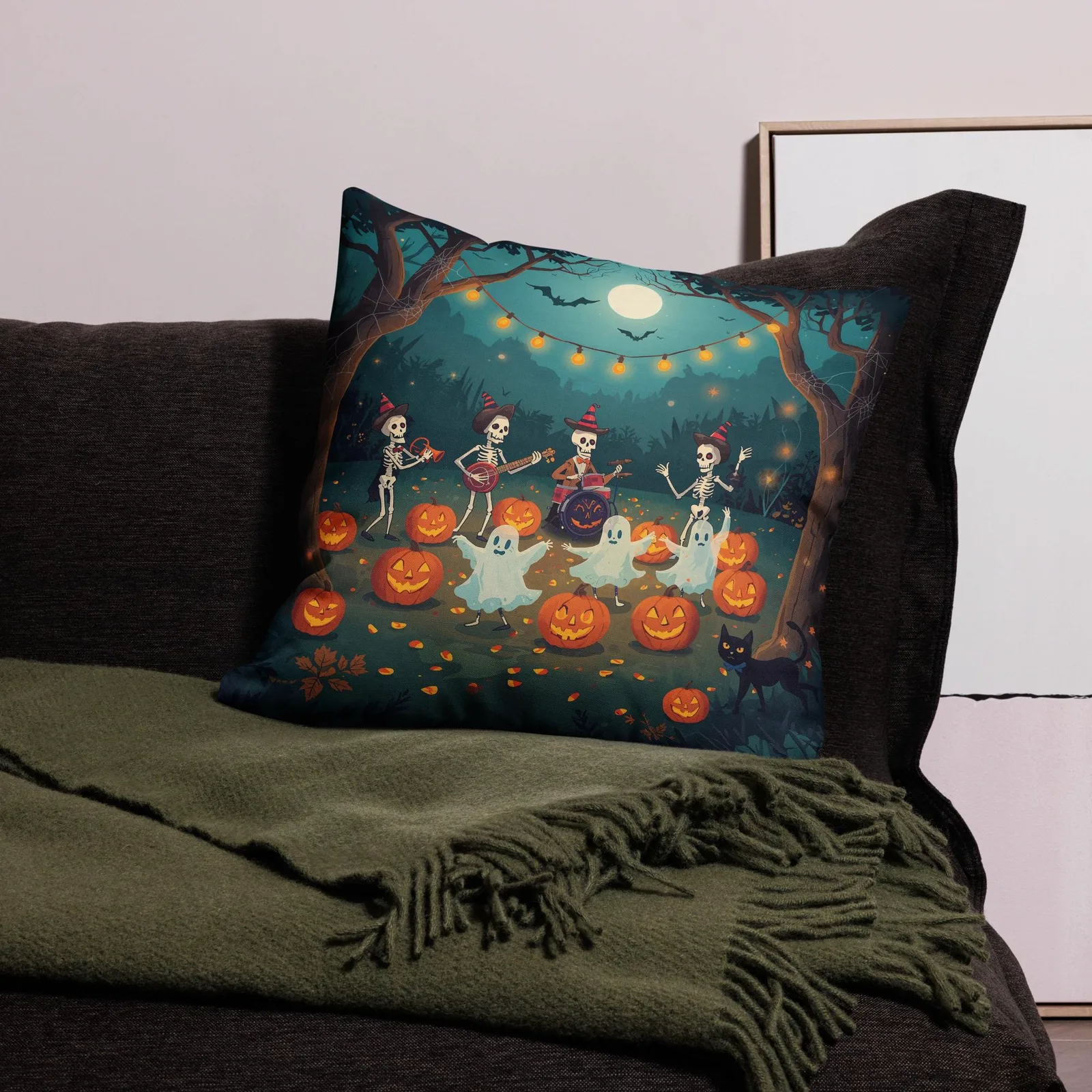 Halloween Throw Pillow: Spooky Skeleton Band & Ghosts Decor, photo 2