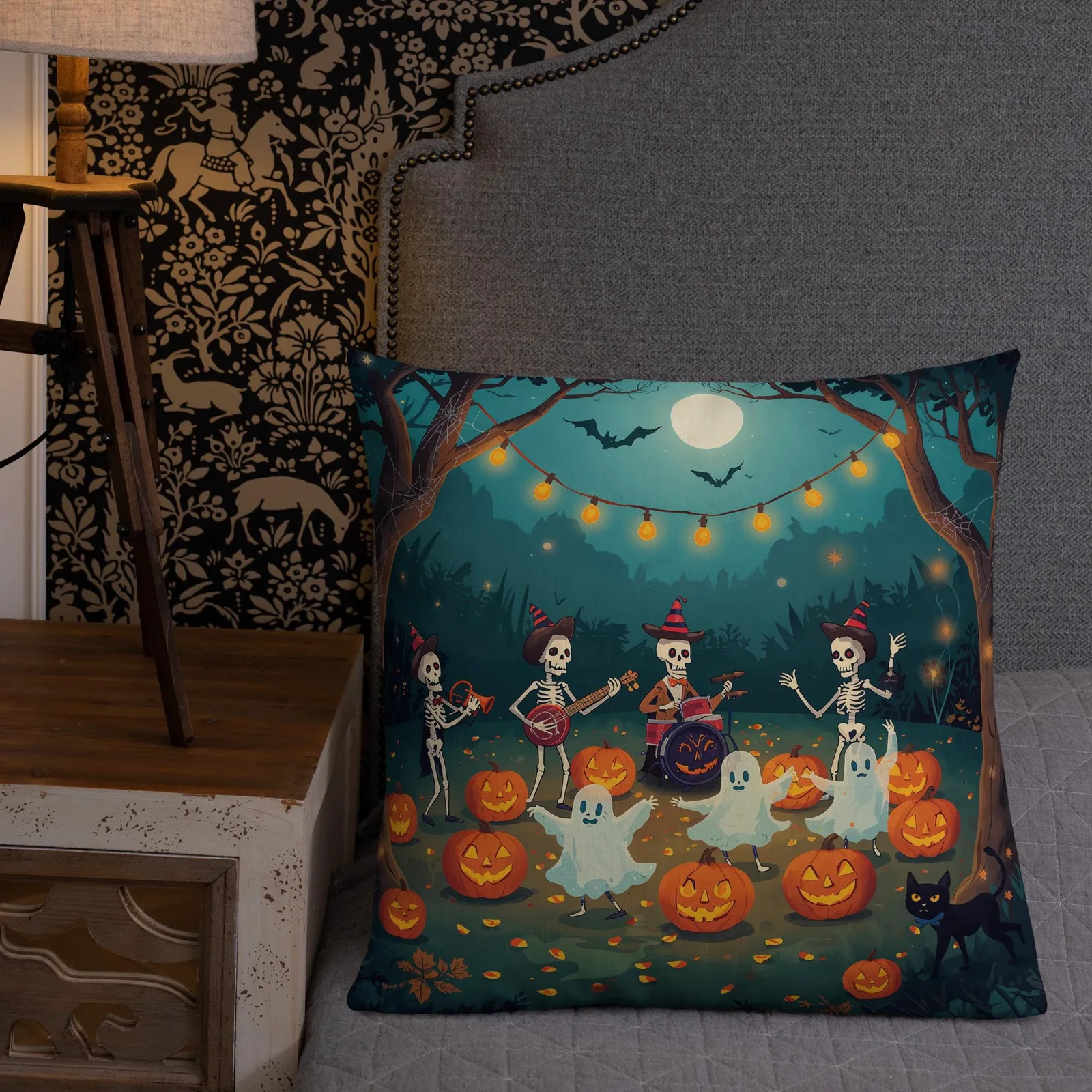 Halloween Throw Pillow: Spooky Skeleton Band & Ghosts Decor, photo 10