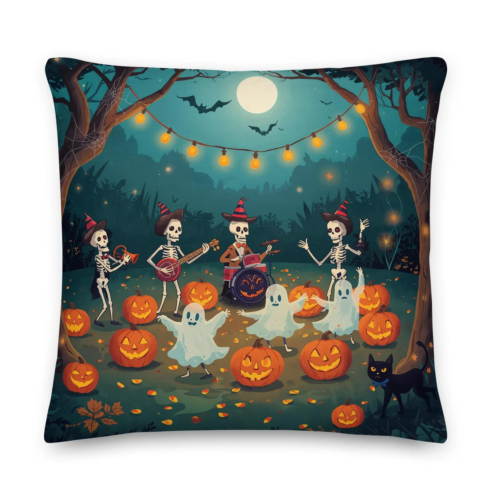 Halloween Throw Pillow: Spooky Skeleton Band & Ghosts Decor