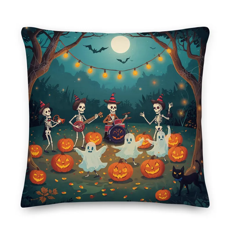 Halloween Throw Pillow: Spooky Skeleton Band & Ghosts Decor