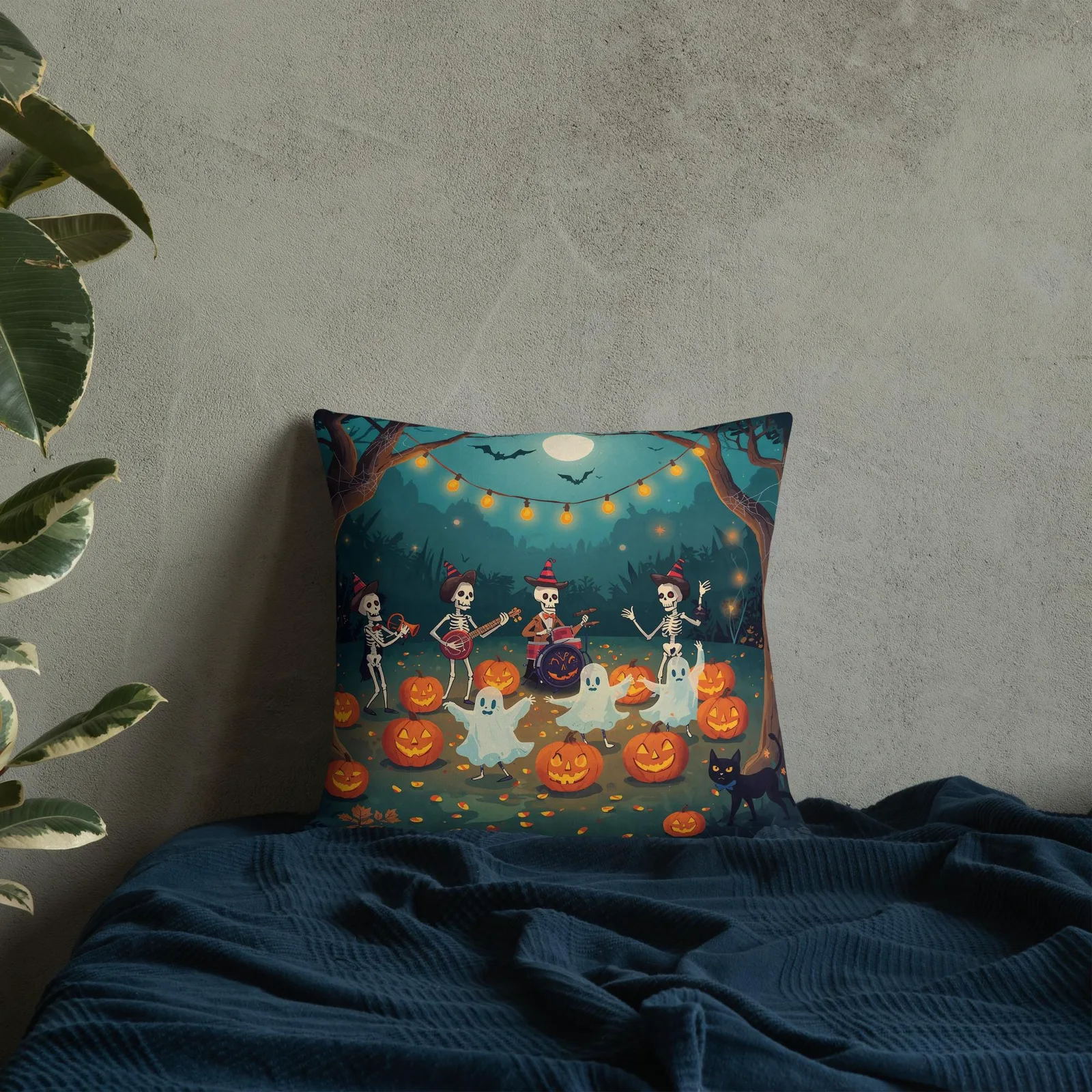 Halloween Throw Pillow: Spooky Skeleton Band & Ghosts Decor, photo 6