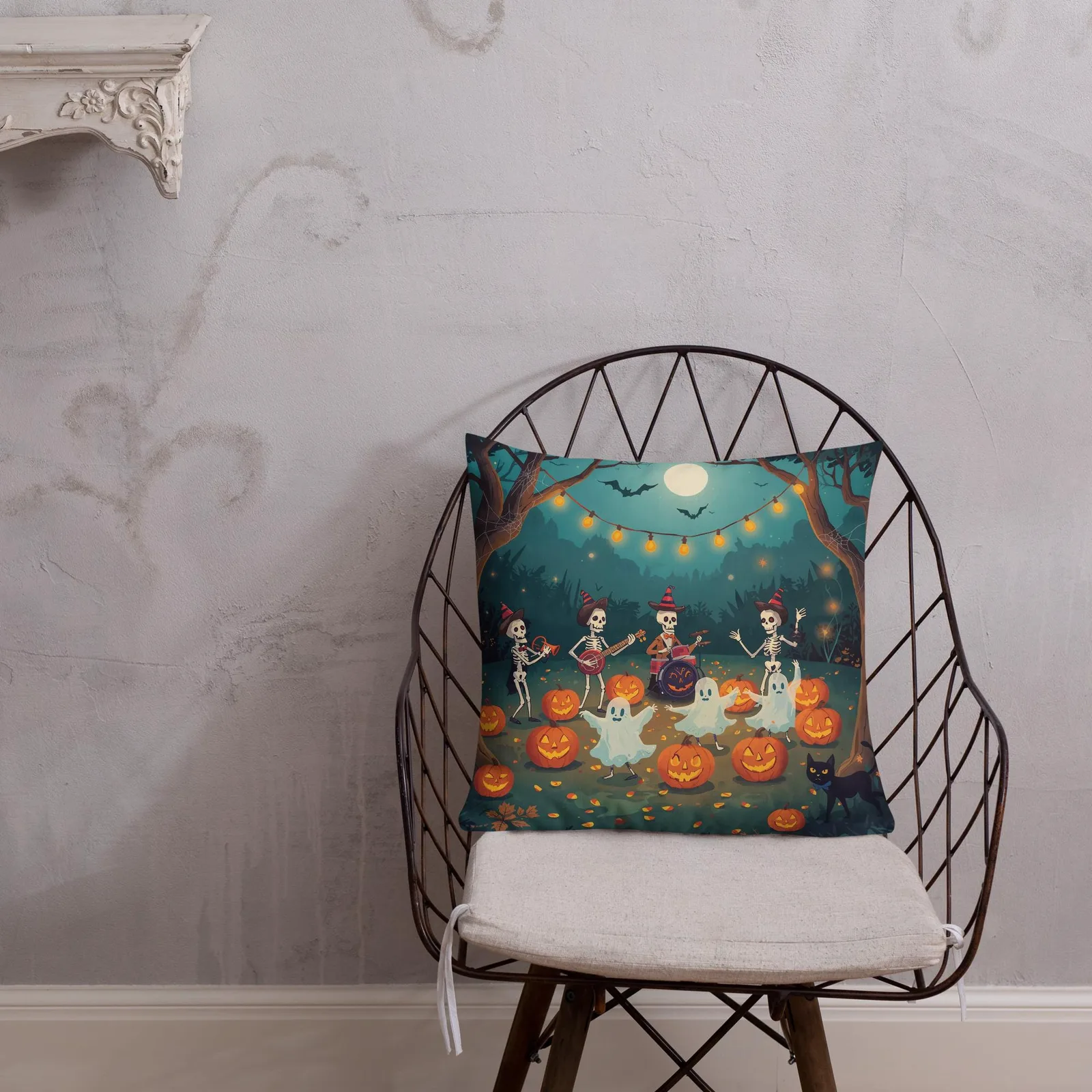Halloween Throw Pillow: Spooky Skeleton Band & Ghosts Decor, photo 7