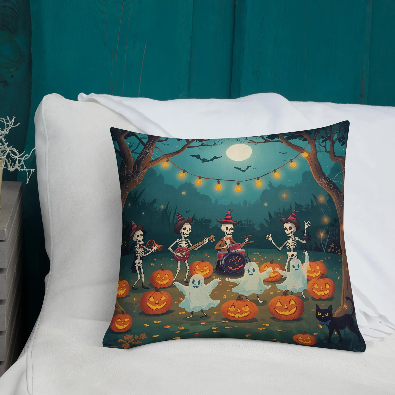 Halloween Throw Pillow: Spooky Skeleton Band & Ghosts Decor, photo 9