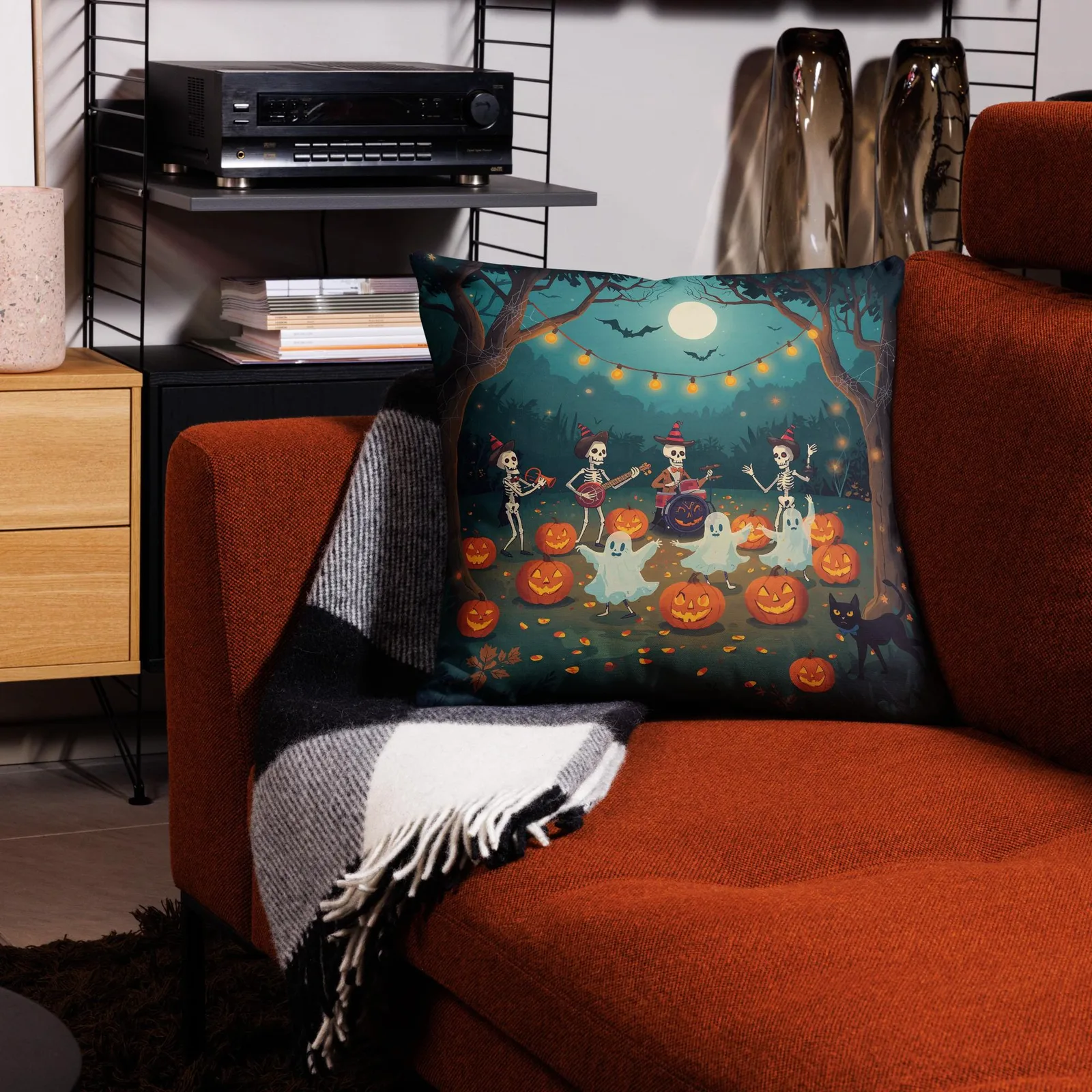 Halloween Throw Pillow: Spooky Skeleton Band & Ghosts Decor, photo 4