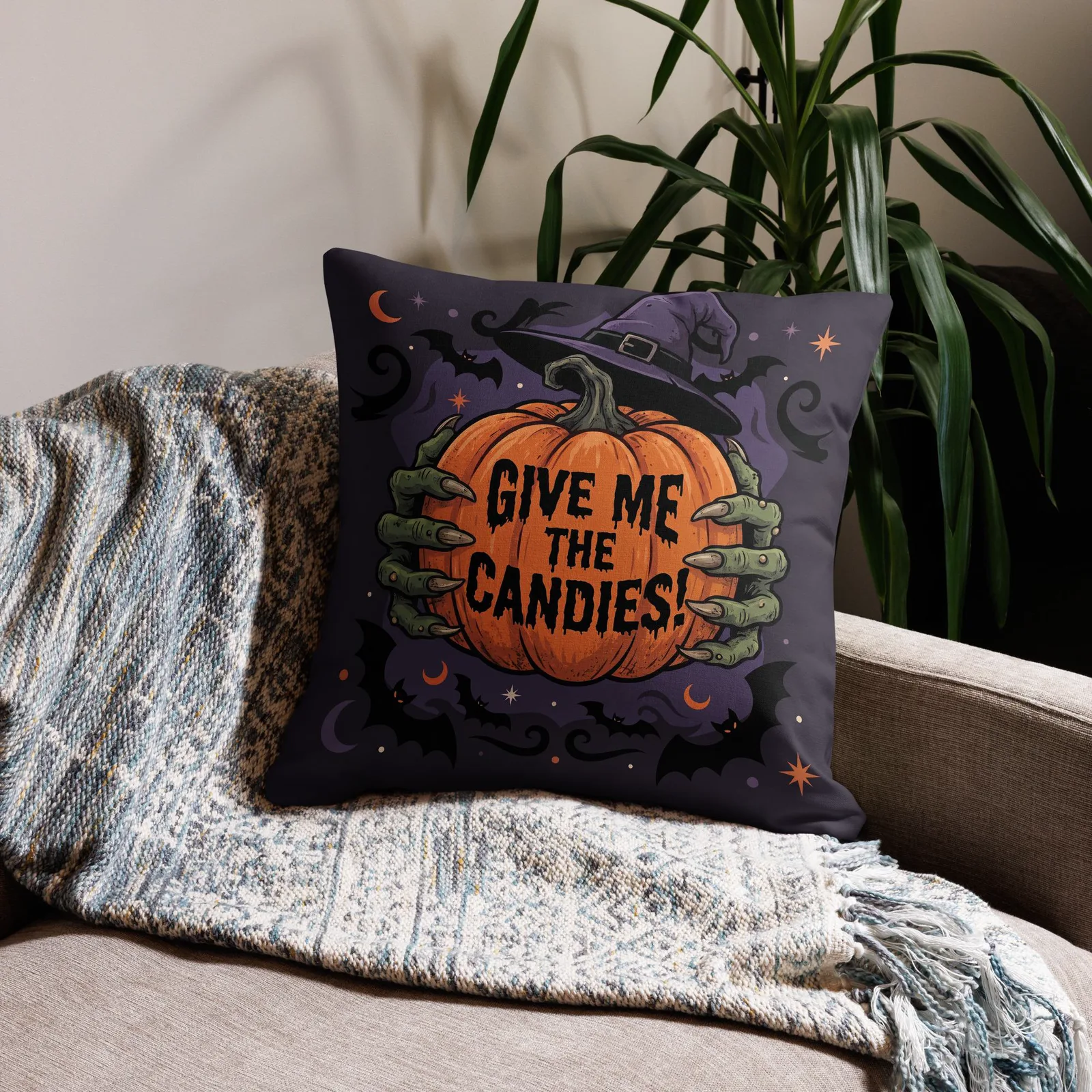 Halloween Witch Hands Throw Pillow: Trick or Treat Pumpkin Decor Cushion, photo 3
