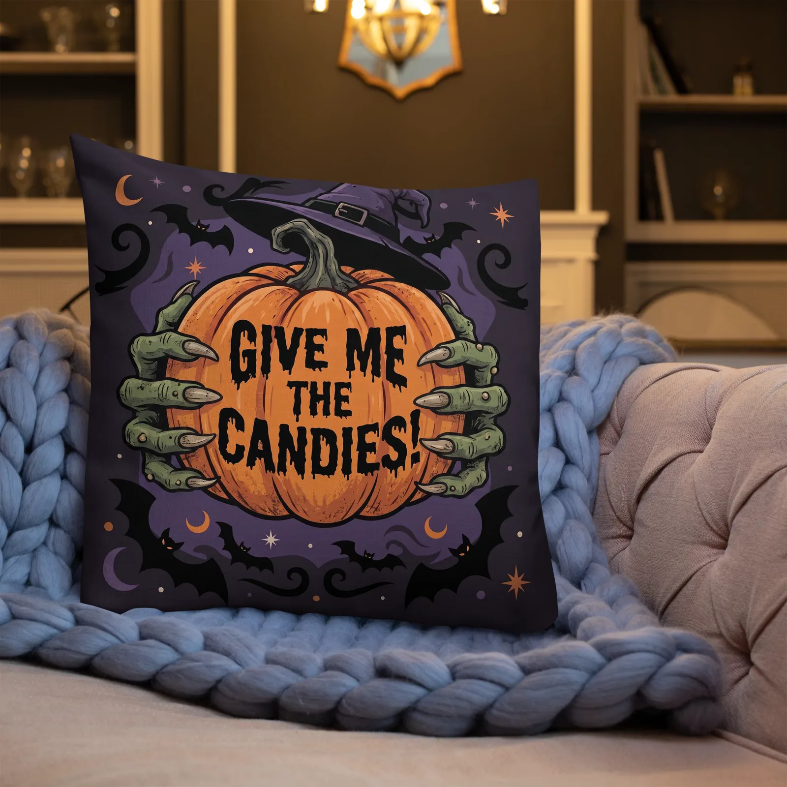 Halloween Witch Hands Throw Pillow: Trick or Treat Pumpkin Decor Cushion, photo 10