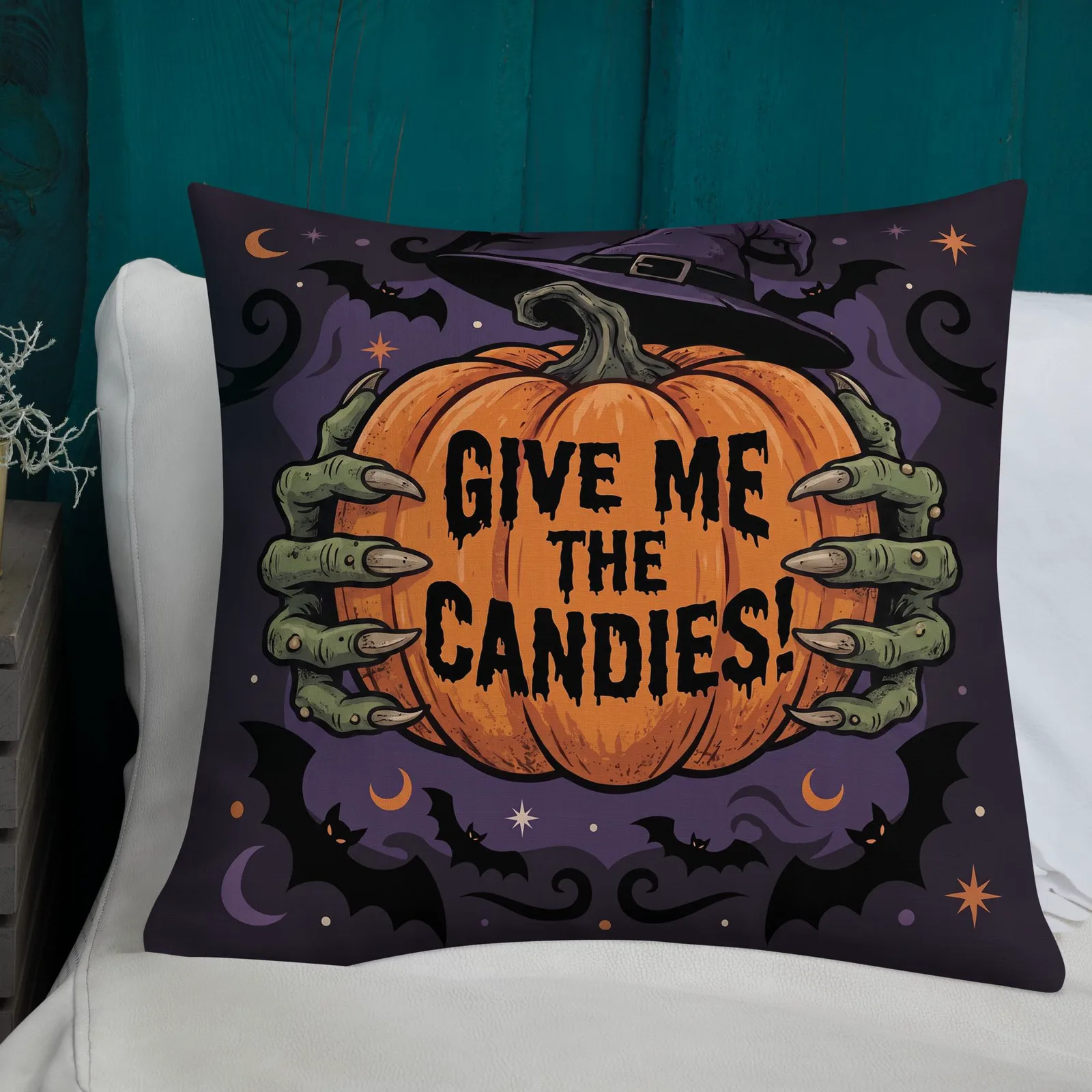 Halloween Witch Hands Throw Pillow: Trick or Treat Pumpkin Decor Cushion, photo 9