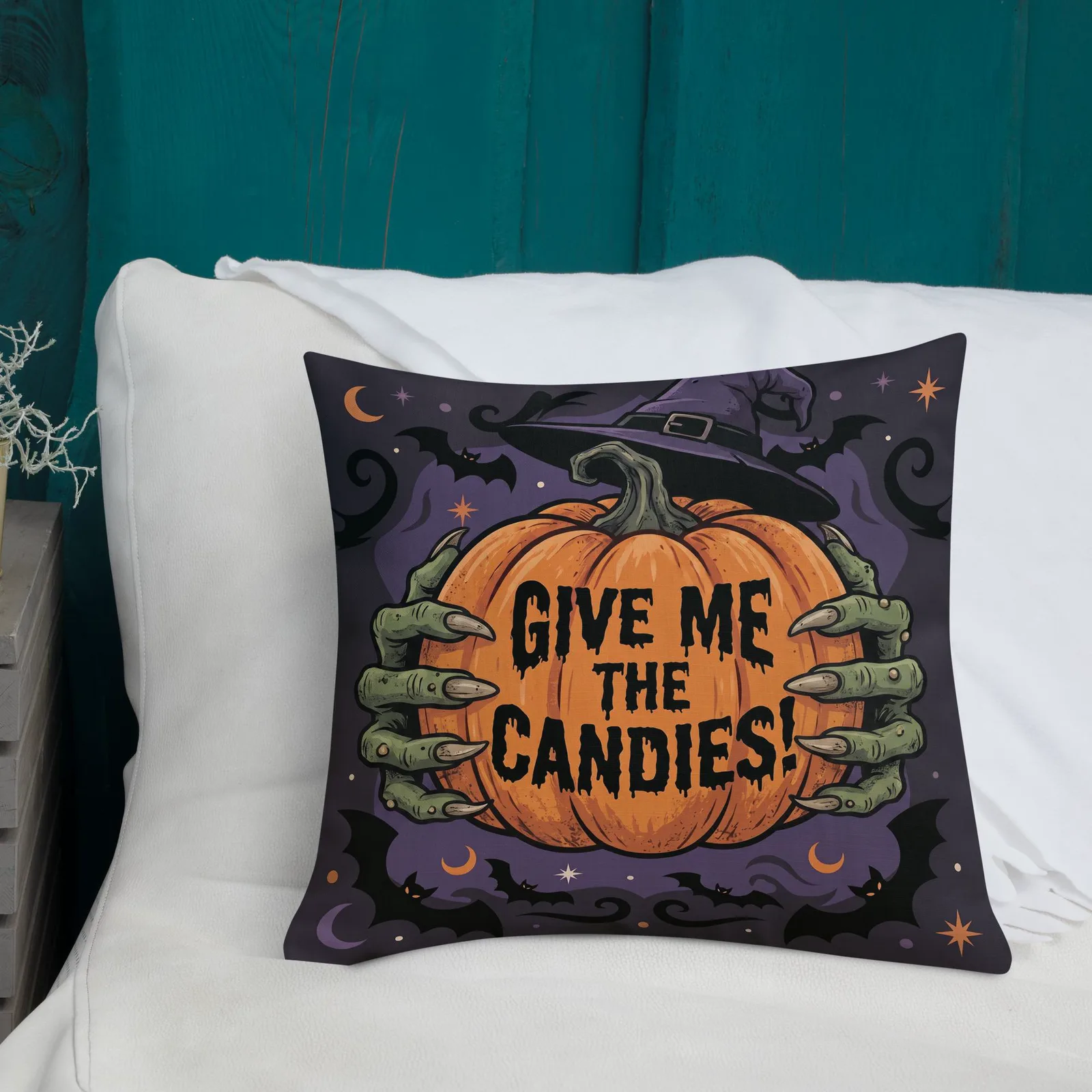 Halloween Witch Hands Throw Pillow: Trick or Treat Pumpkin Decor Cushion, photo 8