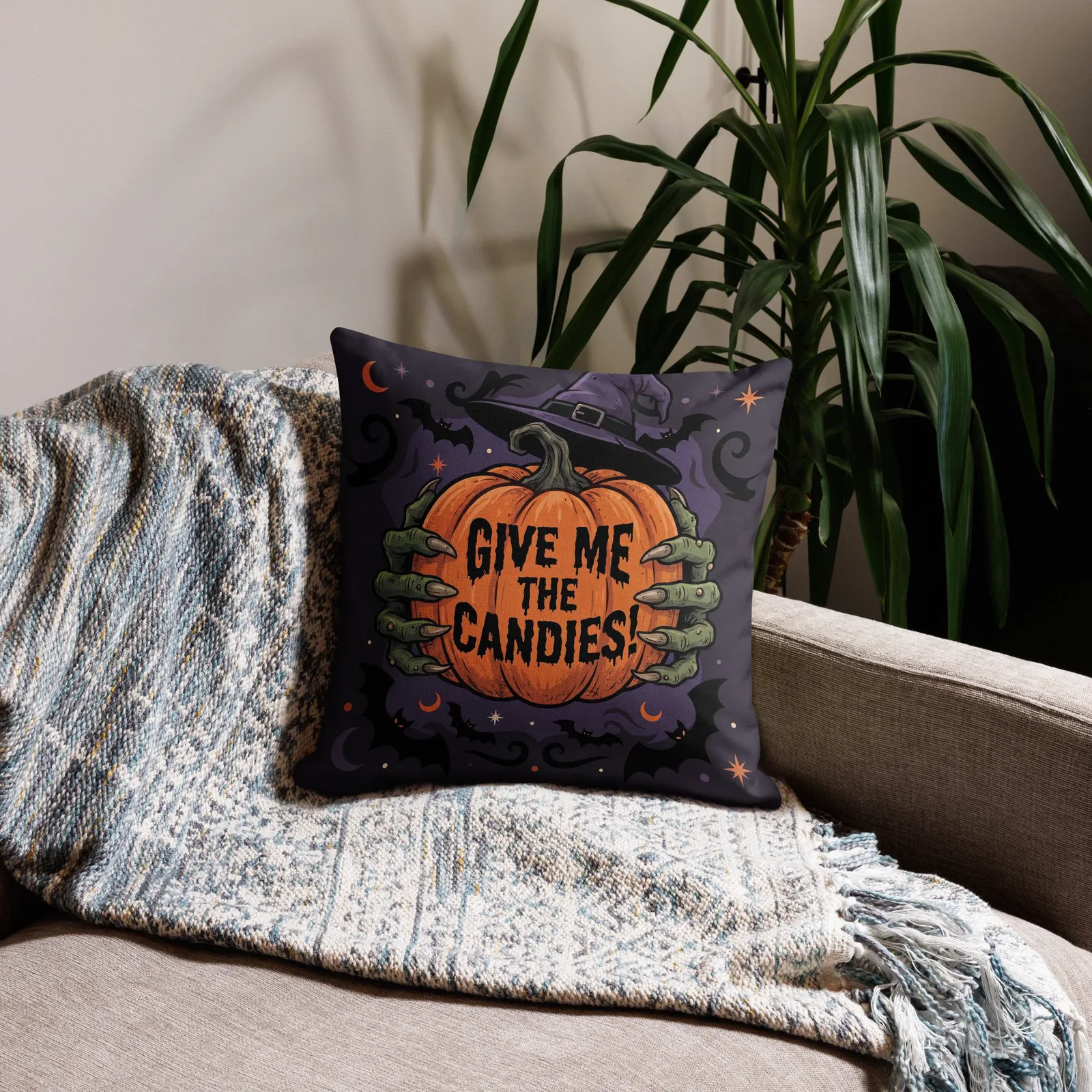 Halloween Witch Hands Throw Pillow: Trick or Treat Pumpkin Decor Cushion, photo 2