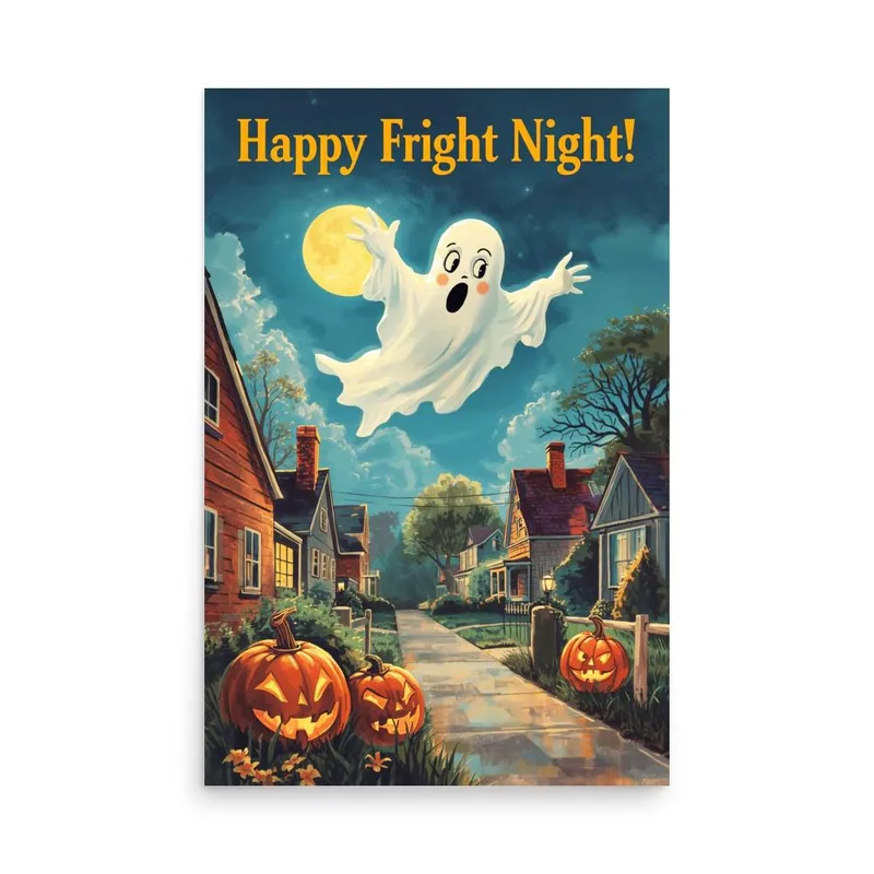 Happy Ghost Halloween Poster: Vintage Fright Night Wall Art