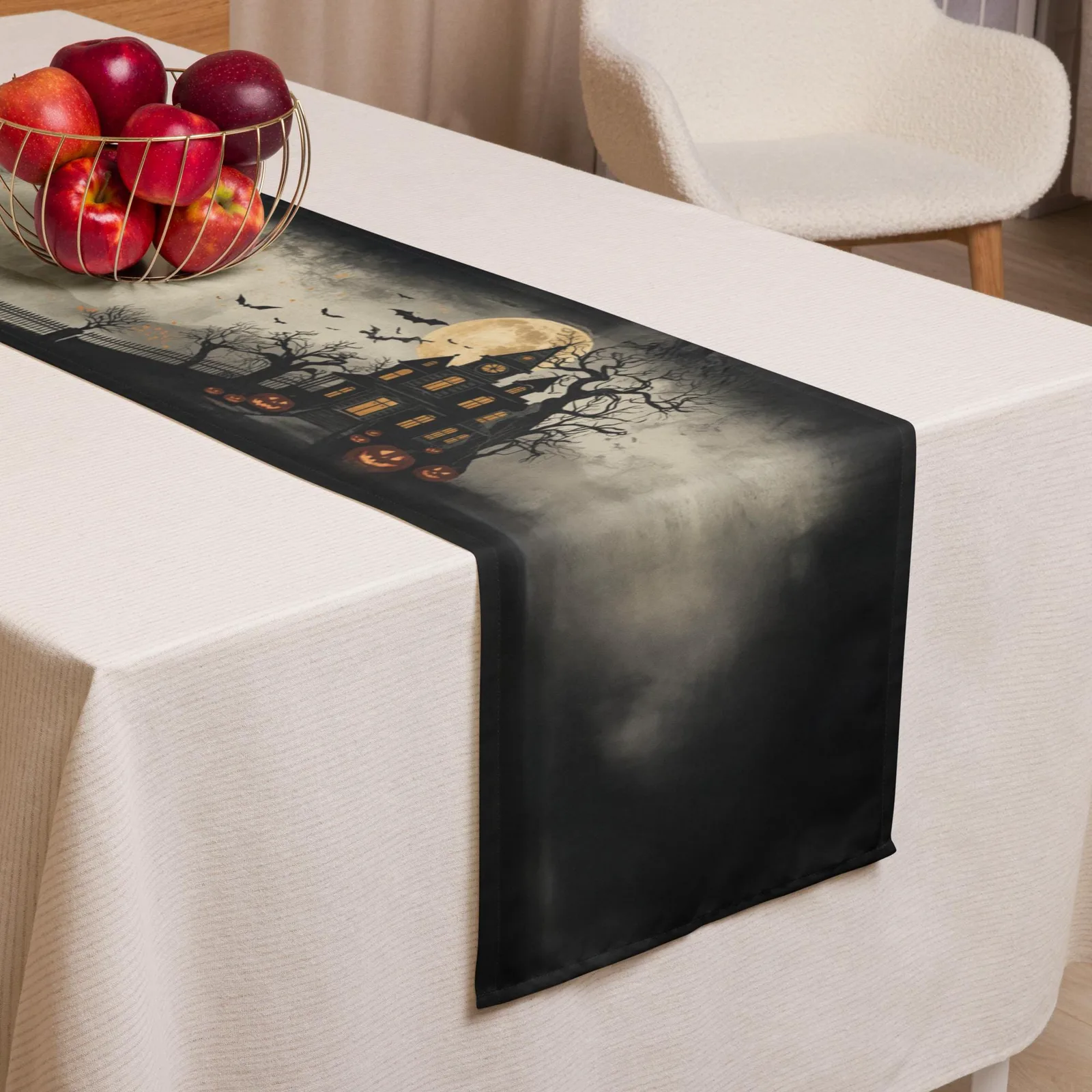 Haunted Mansion & Harvest Moon Table Runner: Halloween Dining Decor