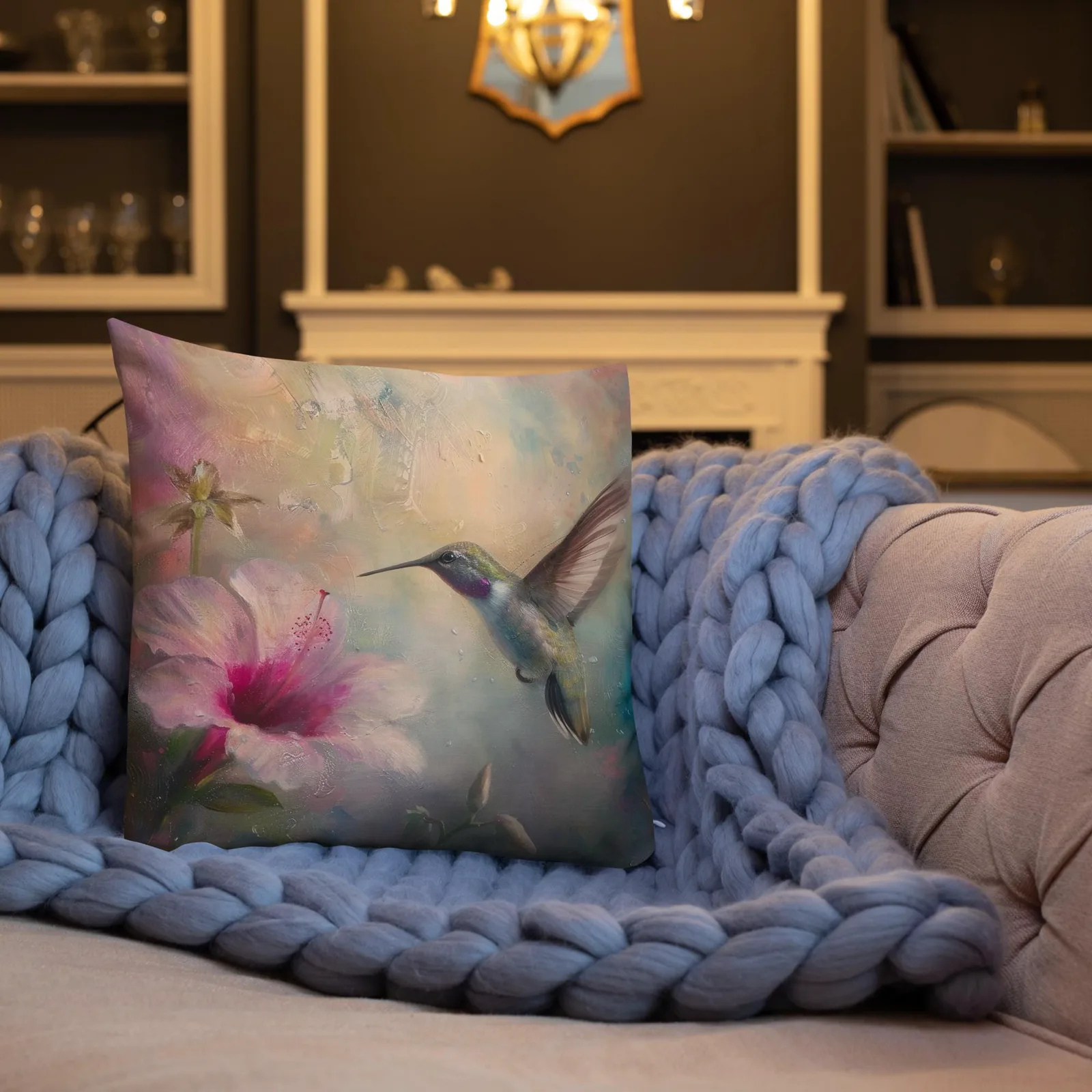 Hummingbird & Hibiscus Throw Pillow: Linen-Feel Floral Nature Decor Cushion, photo 10