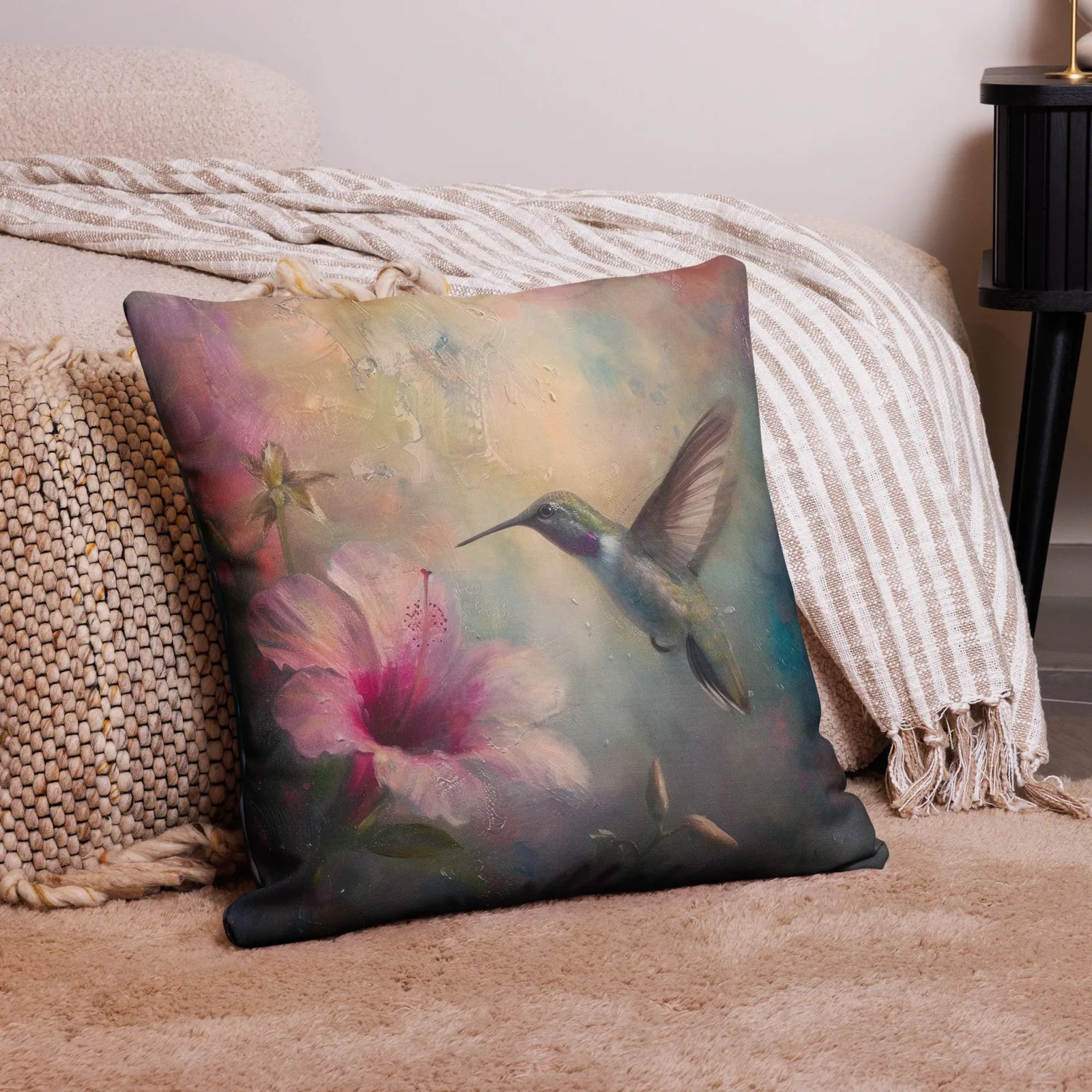 Hummingbird & Hibiscus Throw Pillow: Linen-Feel Floral Nature Decor Cushion, photo 6