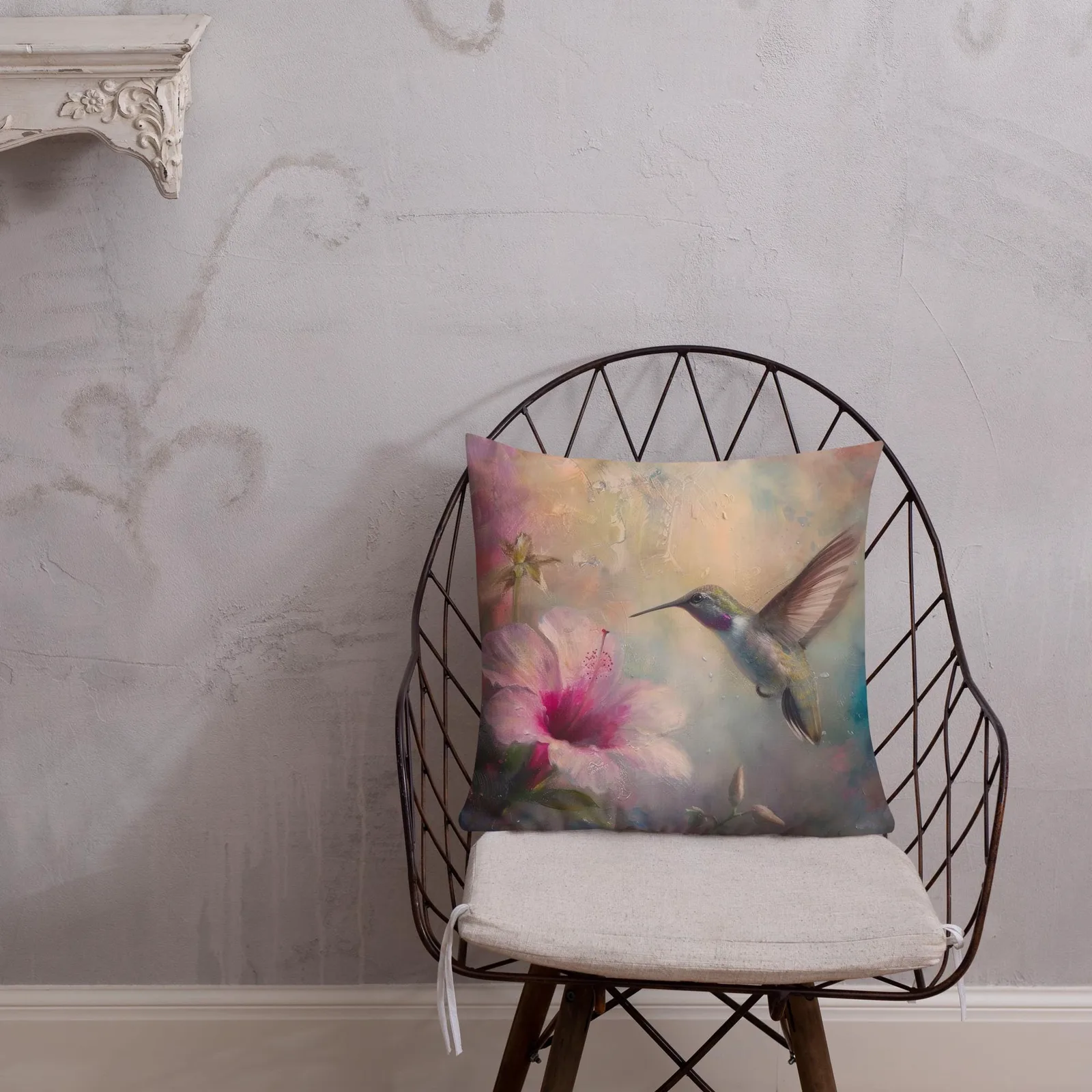 Hummingbird & Hibiscus Throw Pillow: Linen-Feel Floral Nature Decor Cushion, photo 8