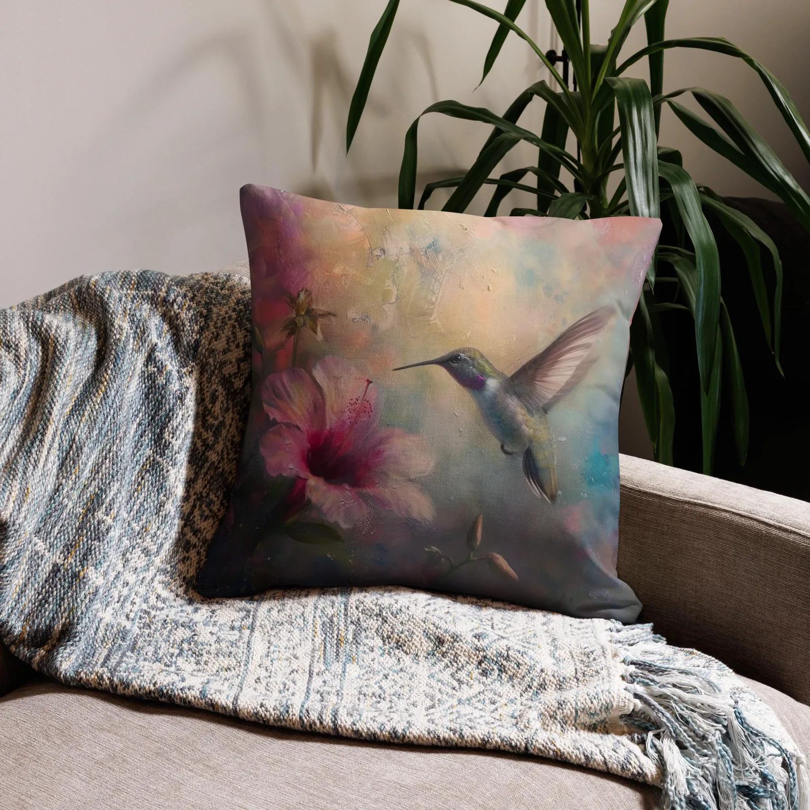 Hummingbird & Hibiscus Throw Pillow: Linen-Feel Floral Nature Decor Cushion, photo 4