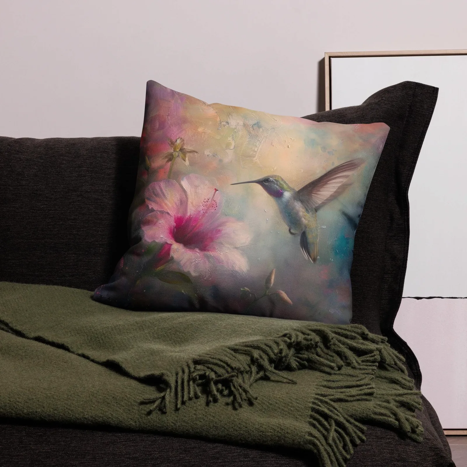 Hummingbird & Hibiscus Throw Pillow: Linen-Feel Floral Nature Decor Cushion, photo 3