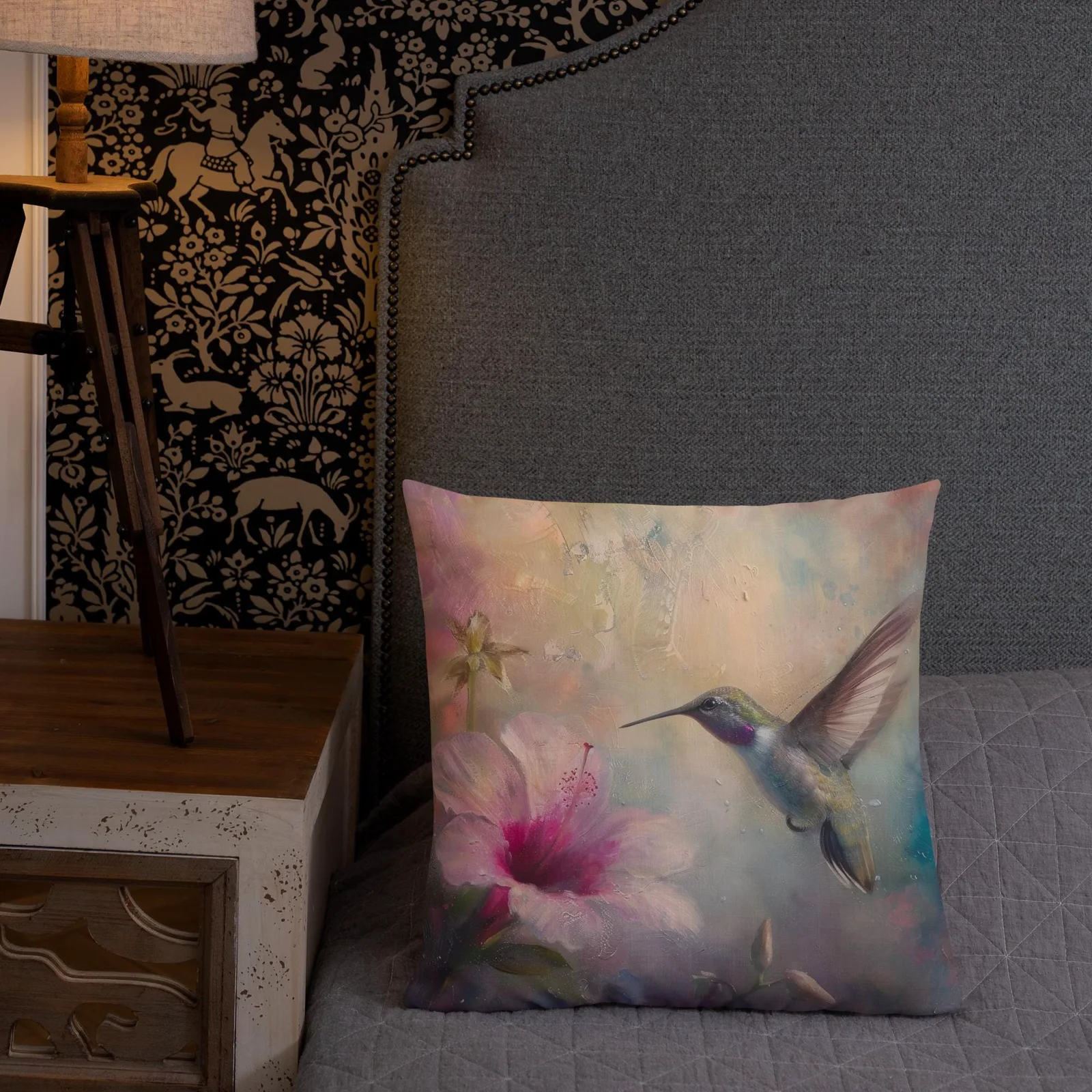 Hummingbird & Hibiscus Throw Pillow: Linen-Feel Floral Nature Decor Cushion, photo 9