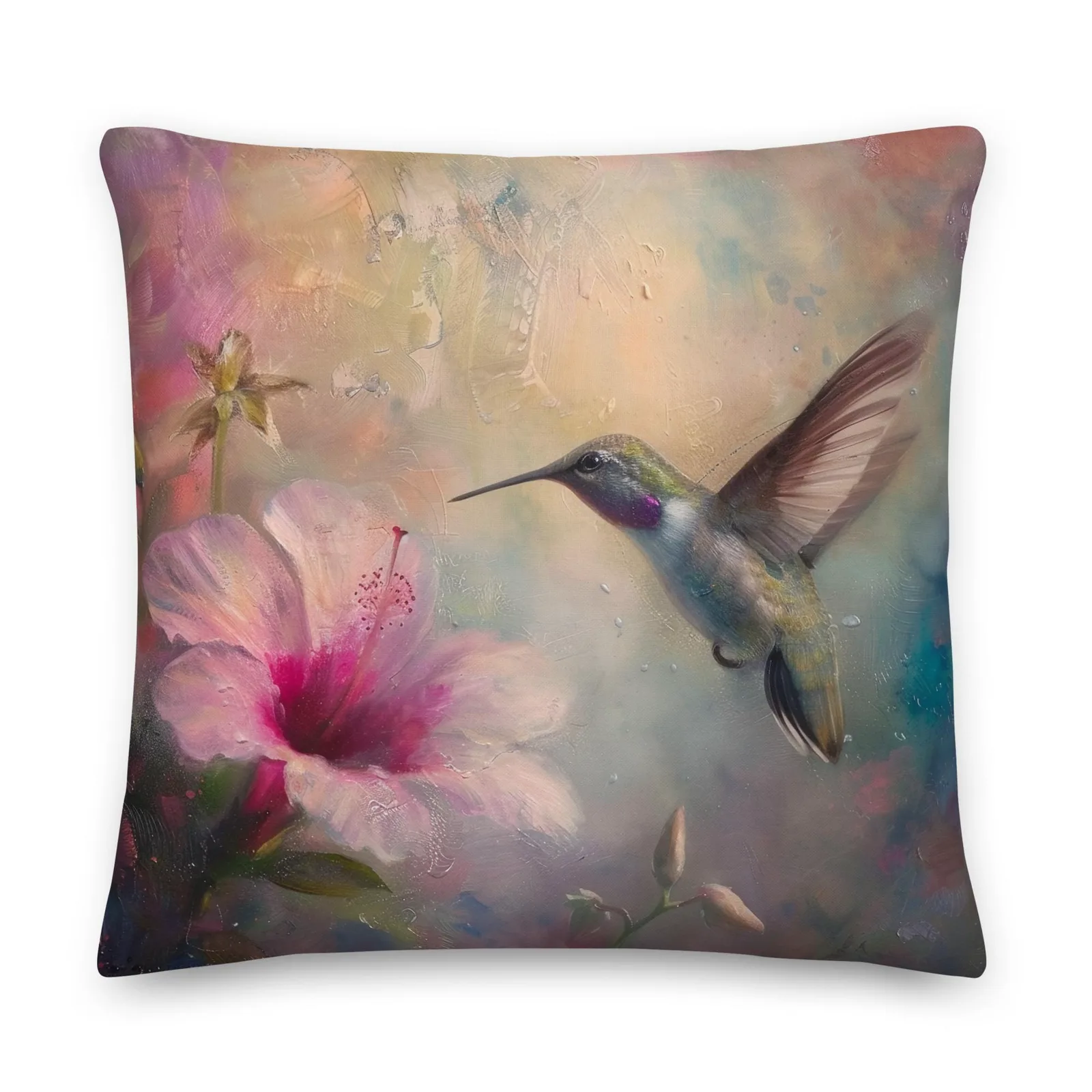 Hummingbird & Hibiscus Throw Pillow: Linen-Feel Floral Nature Decor Cushion, photo 2