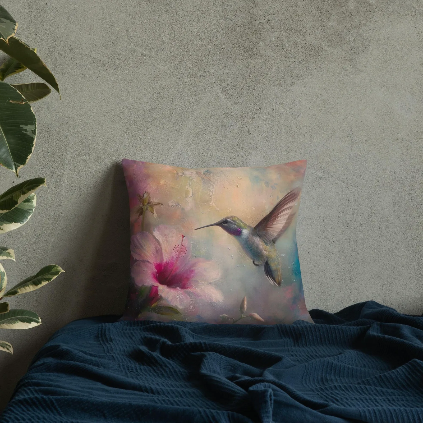 Hummingbird & Hibiscus Throw Pillow: Linen-Feel Floral Nature Decor Cushion, photo 7