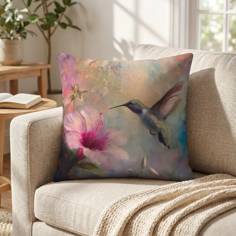 Hummingbird & Hibiscus Throw Pillow: Linen-Feel Floral Nature Decor Cushion