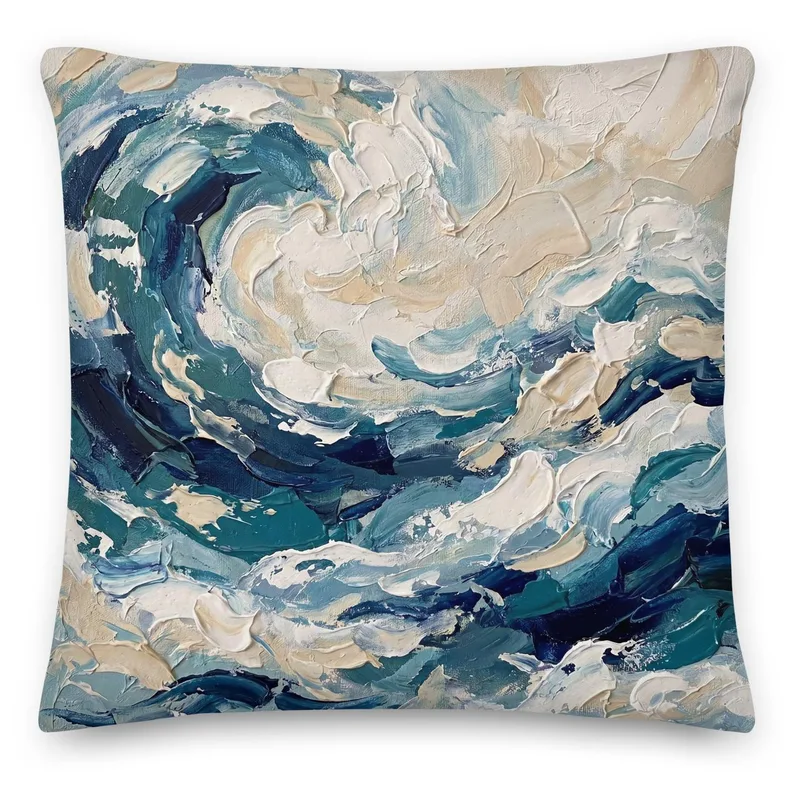 Impasto Ocean Wave Throw Pillow: Coastal Beach Decor Cushion