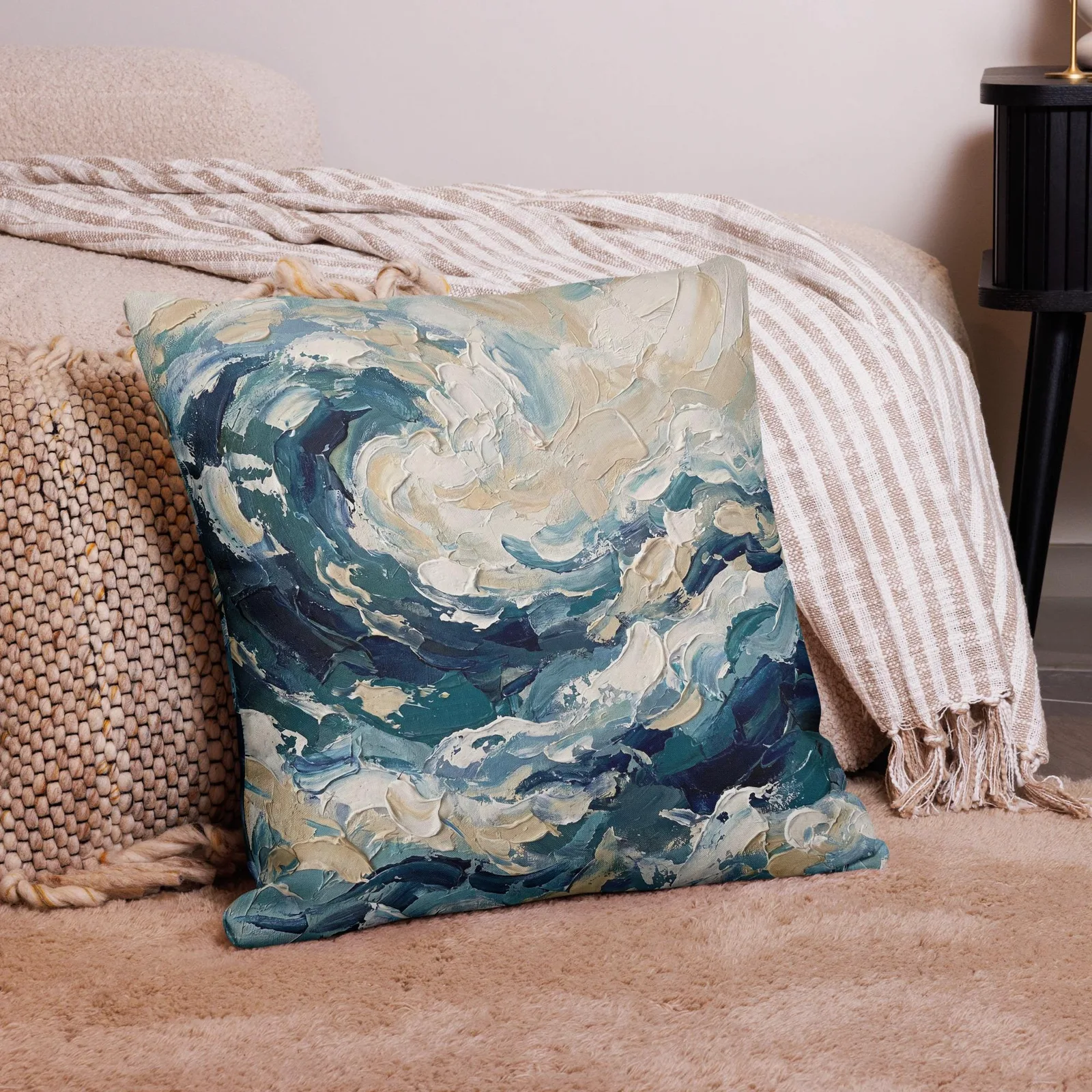 Impasto Ocean Wave Throw Pillow: Coastal Beach Decor Cushion, photo 9