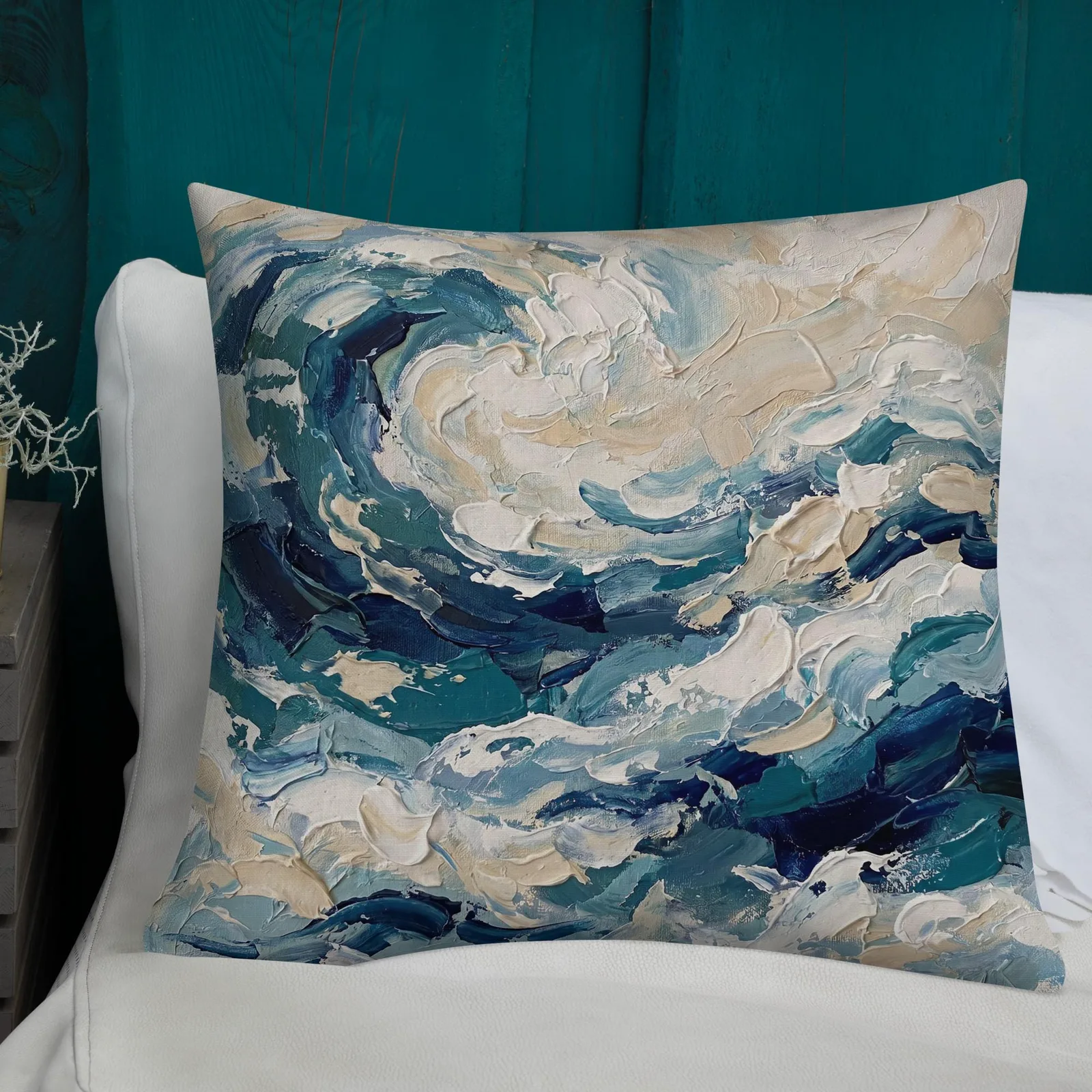 Impasto Ocean Wave Throw Pillow: Coastal Beach Decor Cushion, photo 3