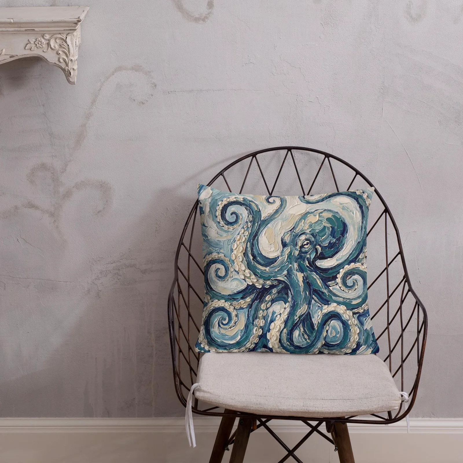Impasto Octopus Throw Pillow: Blue Cream Under the Sea Decor Cushion, photo 4