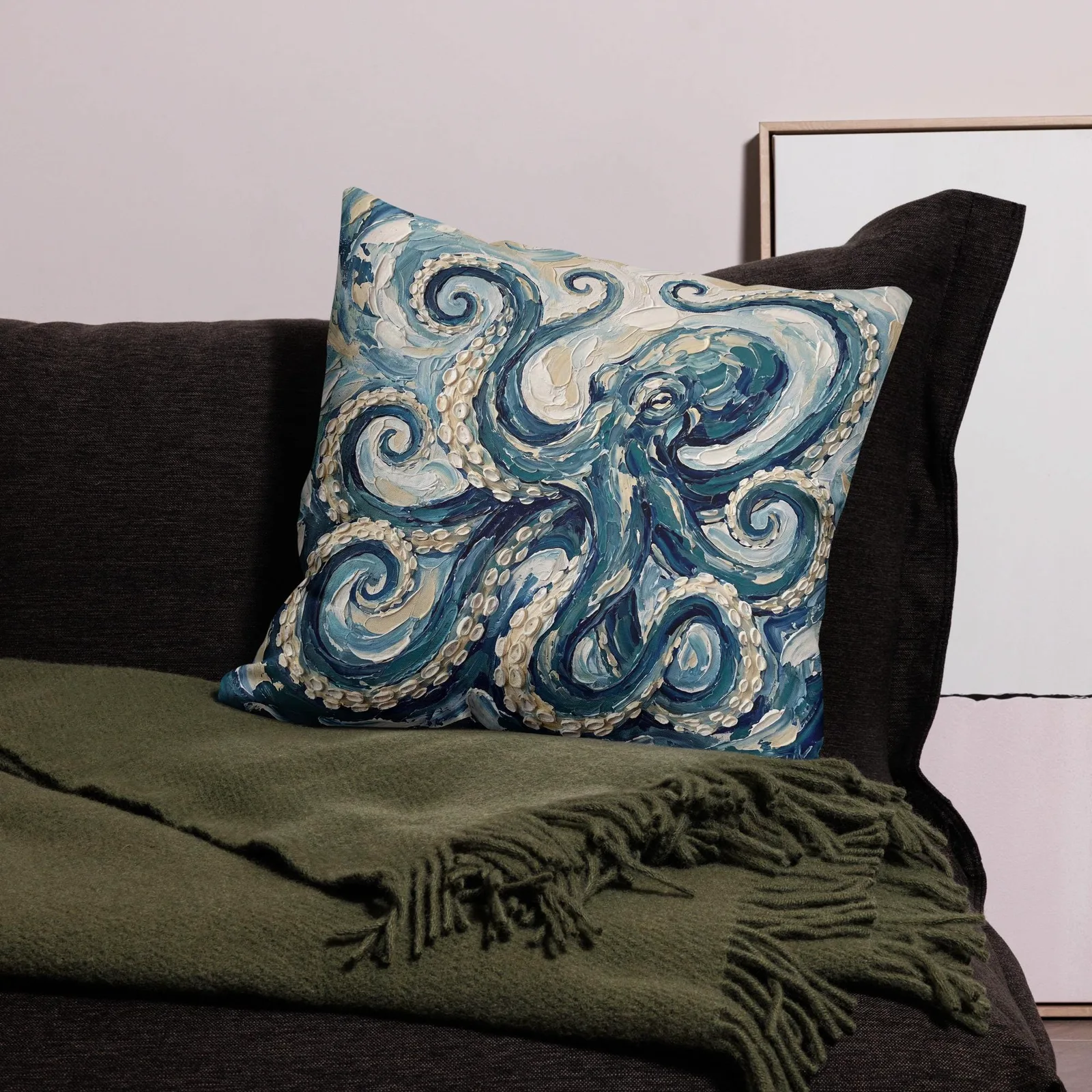 Impasto Octopus Throw Pillow: Blue Cream Under the Sea Decor Cushion, photo 9