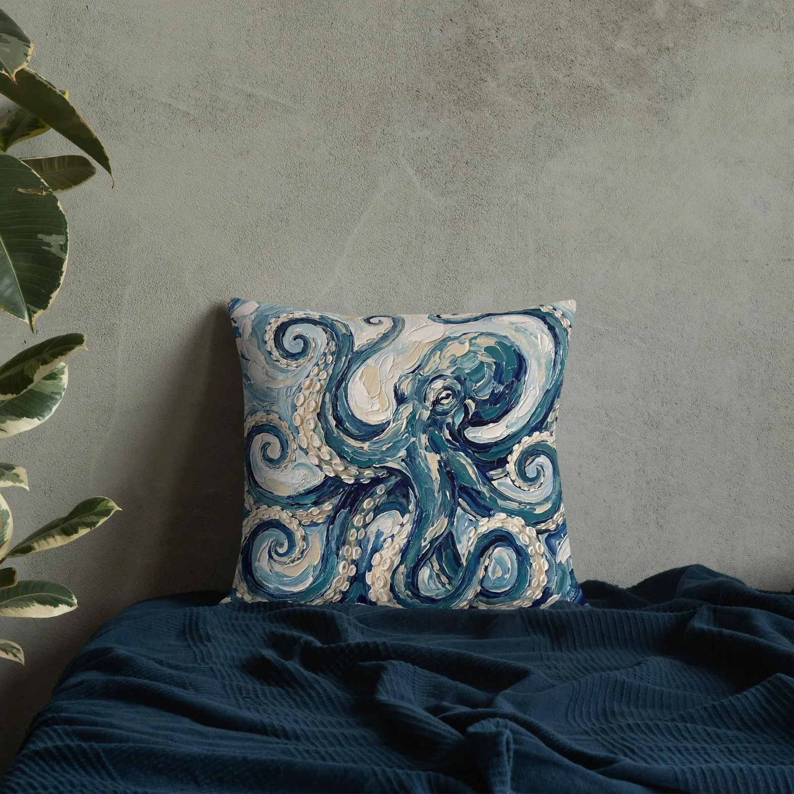 Impasto Octopus Throw Pillow: Blue Cream Under the Sea Decor Cushion, photo 2