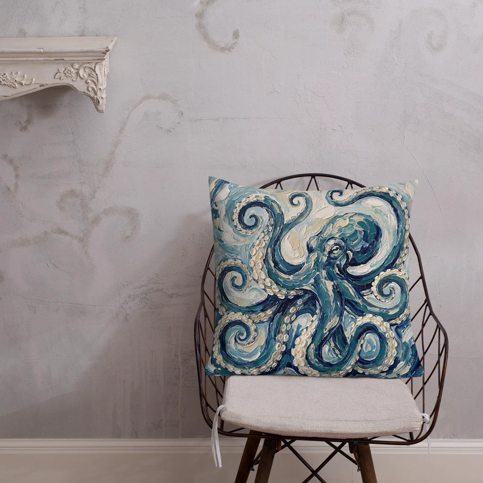 Impasto Octopus Throw Pillow: Blue Cream Under the Sea Decor Cushion, photo 5