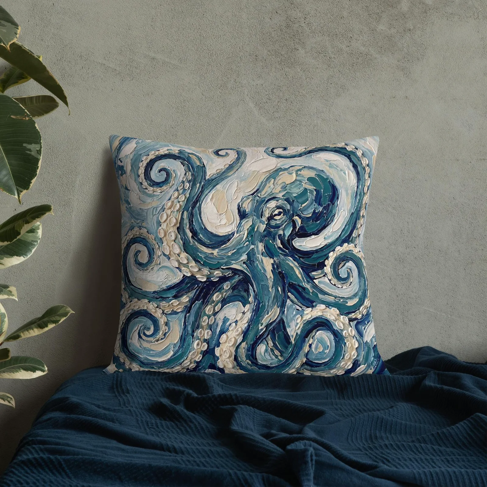 Impasto Octopus Throw Pillow: Blue Cream Under the Sea Decor Cushion, photo 3