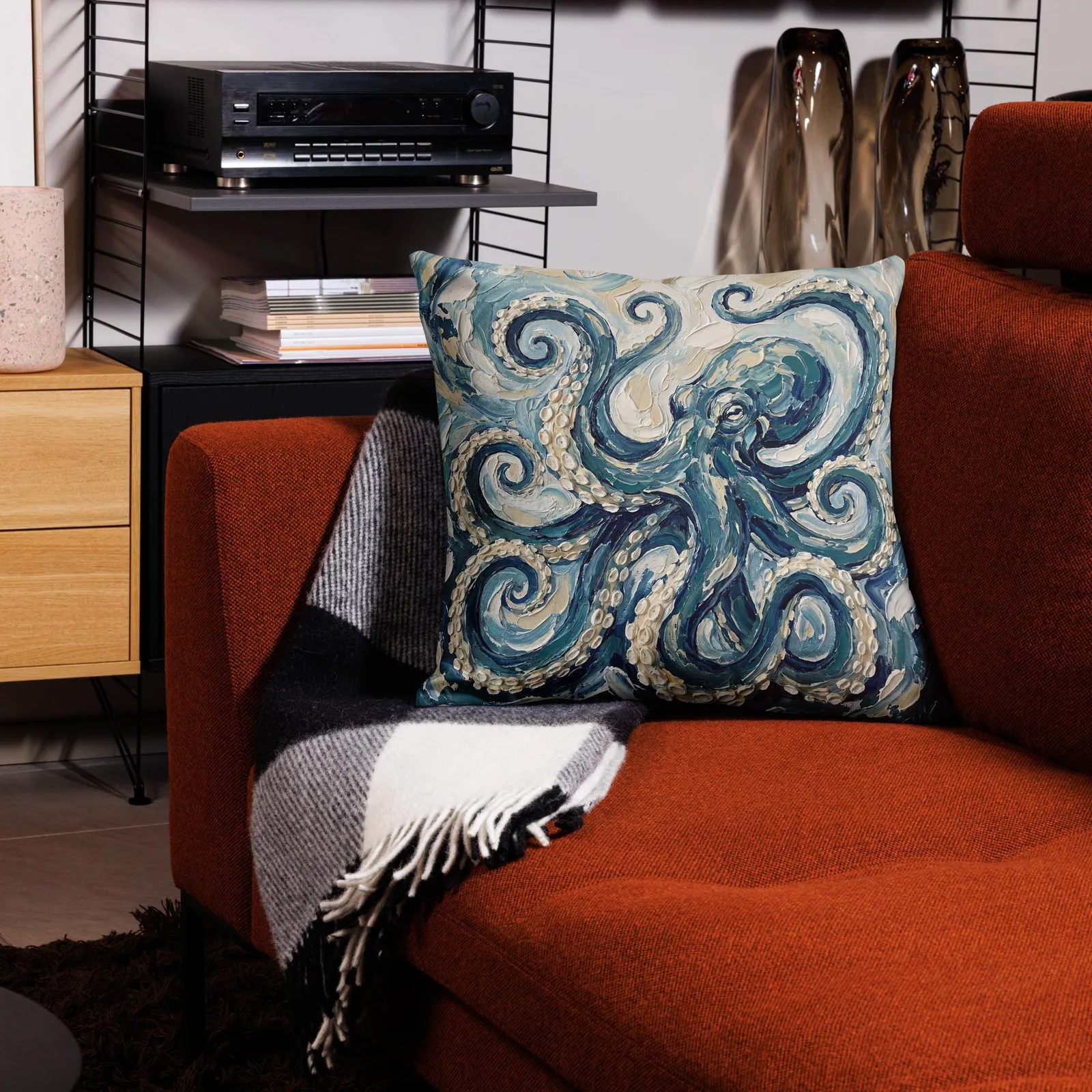 Impasto Octopus Throw Pillow: Blue Cream Under the Sea Decor Cushion, photo 10