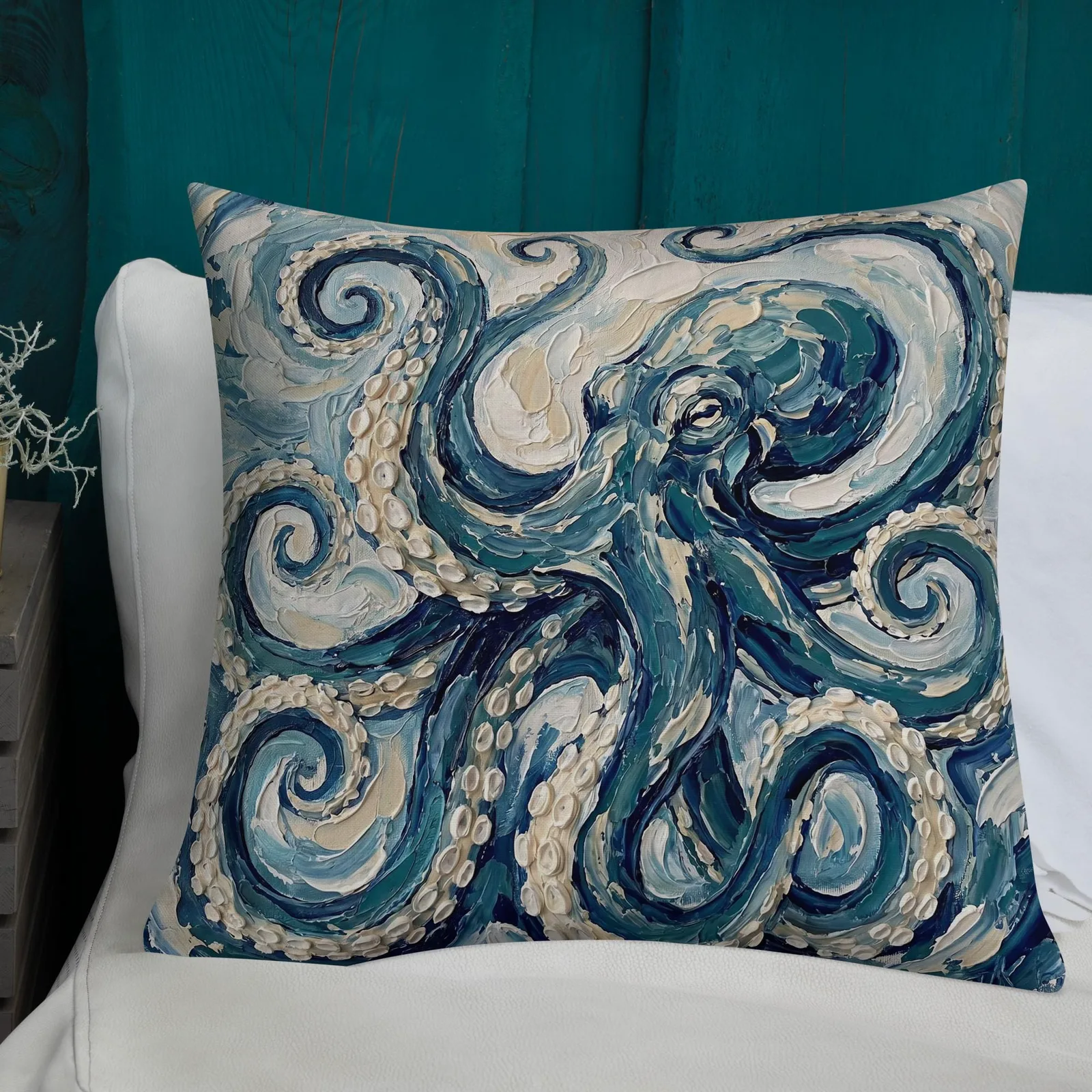 Impasto Octopus Throw Pillow: Blue Cream Under the Sea Decor Cushion