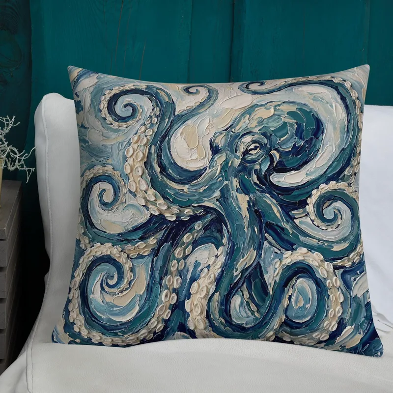 Impasto Octopus Throw Pillow: Blue Cream Under the Sea Decor Cushion
