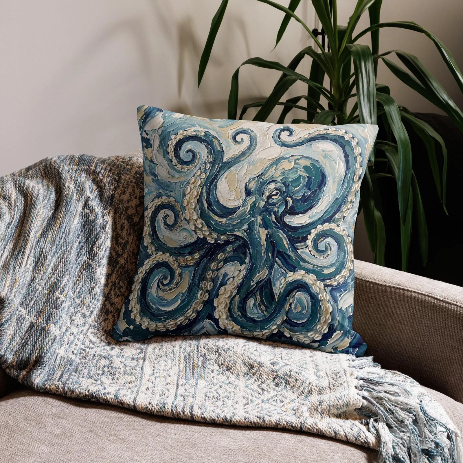 Impasto Octopus Throw Pillow: Blue Cream Under the Sea Decor Cushion, photo 7