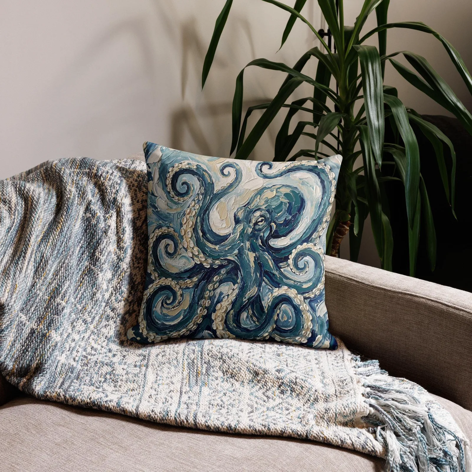 Impasto Octopus Throw Pillow: Blue Cream Under the Sea Decor Cushion, photo 6